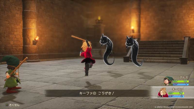 この世界にいないはずの魔物たちが襲ってきた!? キーファとチカラをあわせて撃退しよう！ HPが減ったらやくそうで回復だ