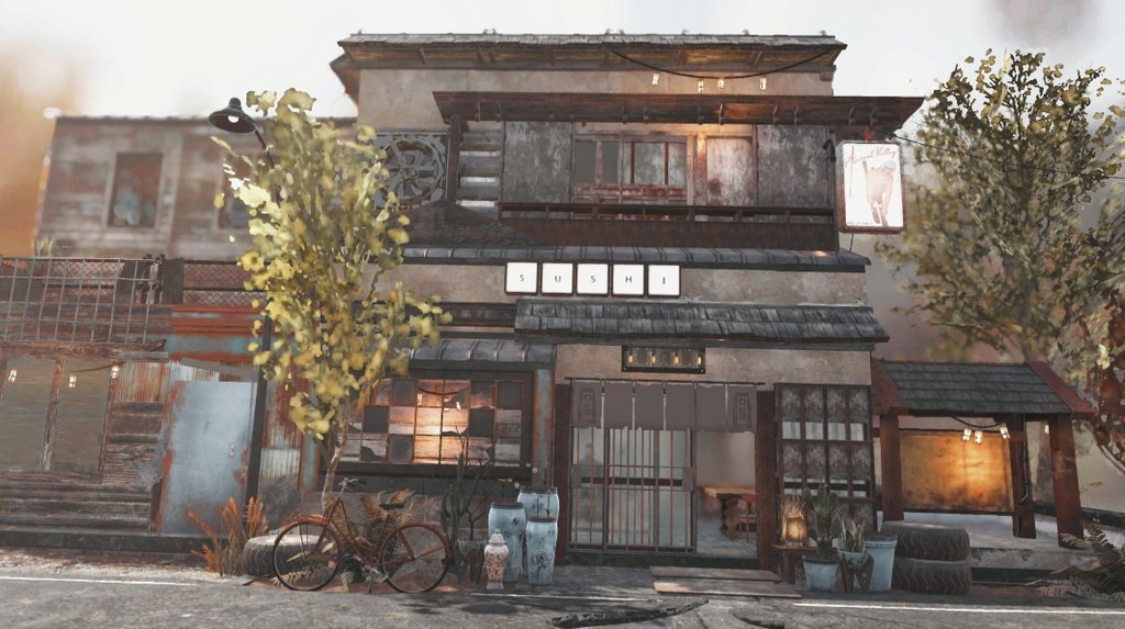 sushimonster氏のキャンプ。「Fallout 76」の世界に突然日本家屋が現れるという衝撃が面白い。「直感とリアリティ」がスシモンスター氏のスタイルとのこと