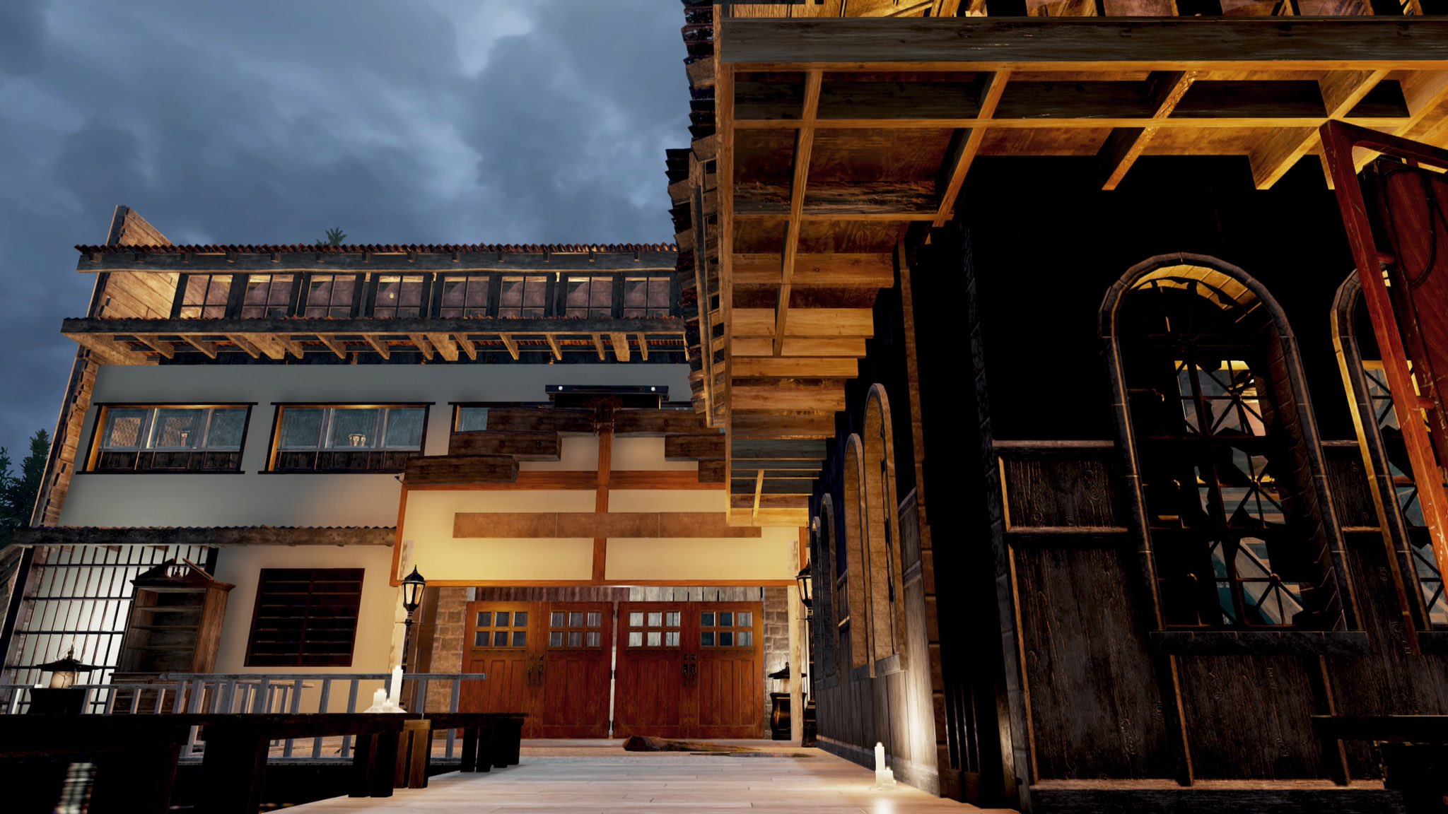 X01_white氏のキャンプ。「昔から物作りが好きなことと建築業のお仕事をしてると言うのもありcampを作り始めました！」とのこと。ゲームの世界を忘れてしまうような世界観だ