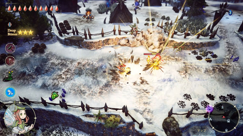 ハンマーは振りは遅い代わりに、一撃の威力が高い武器。また、必殺技は振り下ろし攻撃に変化。フィールドの杭を打ち付けることもできる