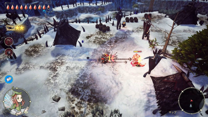 鎖鎌はエリオットの周囲への範囲攻撃と遠距離攻撃が両立したトリッキーな武器。必殺技を当てると敵を引き寄せることもできる