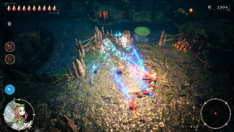 槍を振った後の数秒間、装備しているもうひとつの武器が強化されるユニークな魔石も多い。いろんな武器との相性を試してみよう