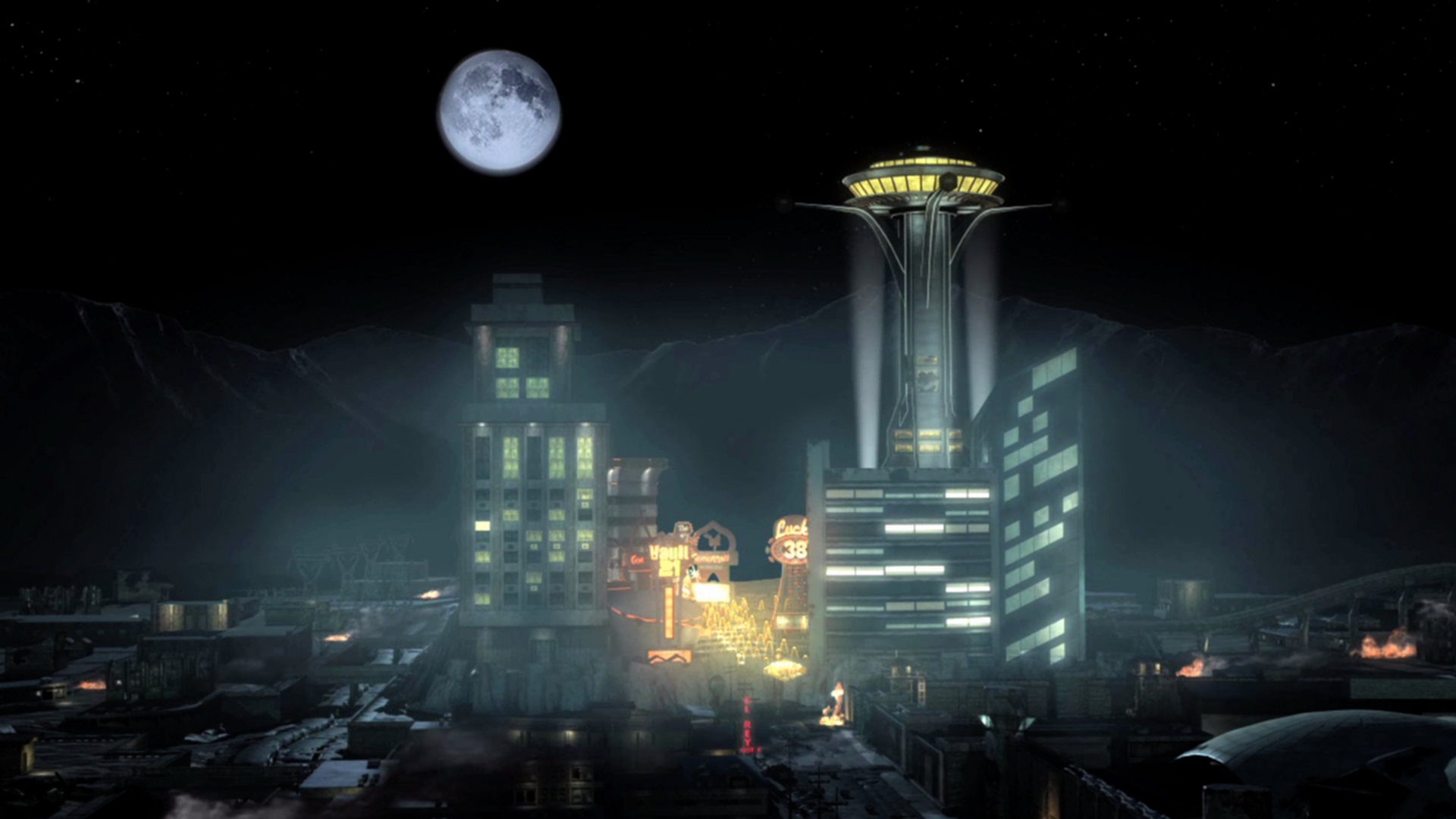 オープニングに登場する夜のニューベガス。戦前のように光り輝いている