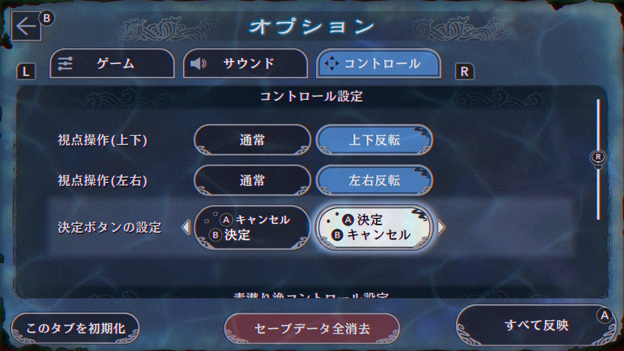 今回はSwitch版をプレイしているが、カメラの上下左右反転はもちろんのこと、決定ボタンをAにするかBにするかも選べる