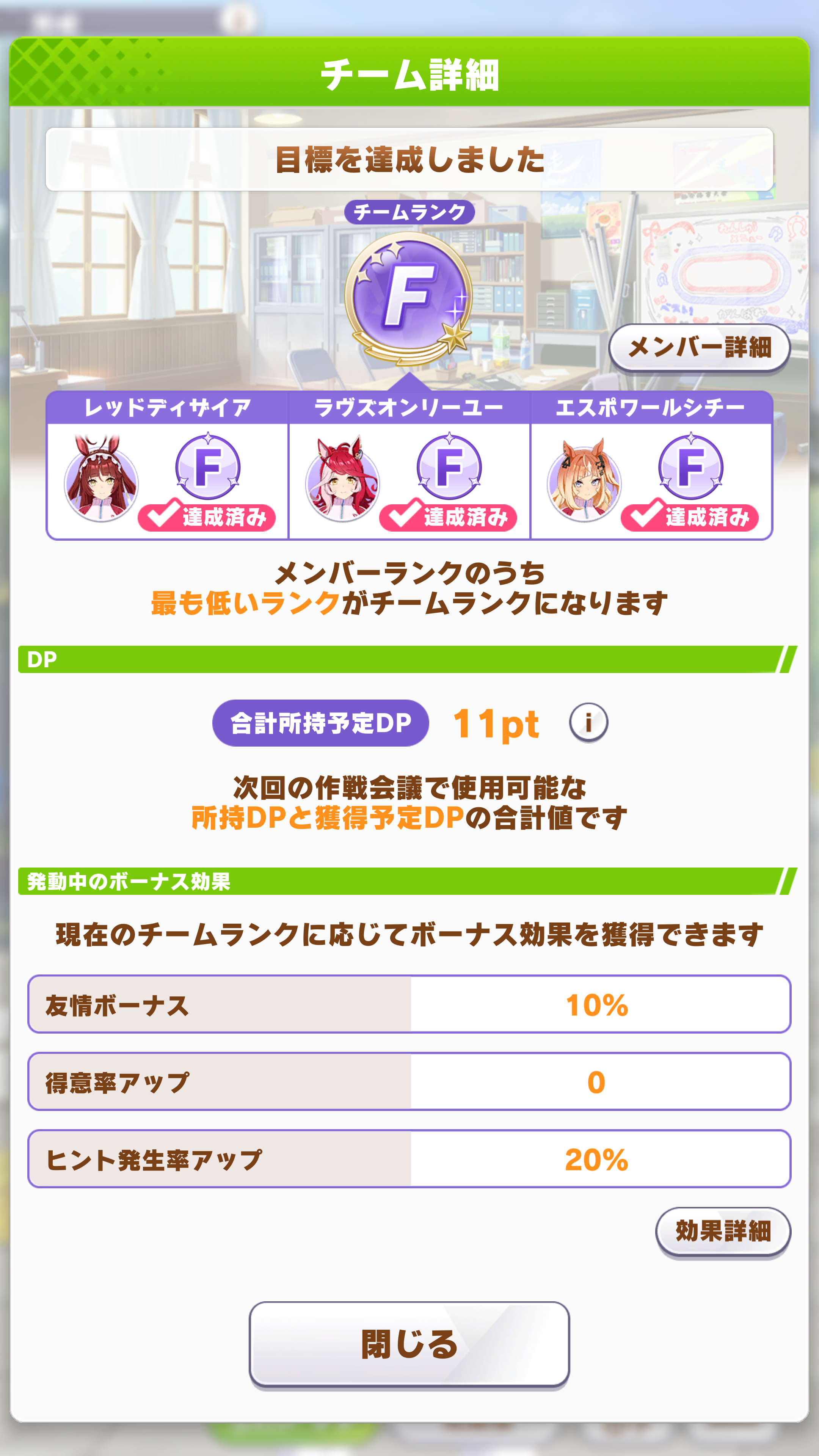 「チームランク」の達成状況については育成トップ画面でも確認できるほか、作戦会議時に獲得できるDPについては、トップメニューの「作戦確認」からも確認できる