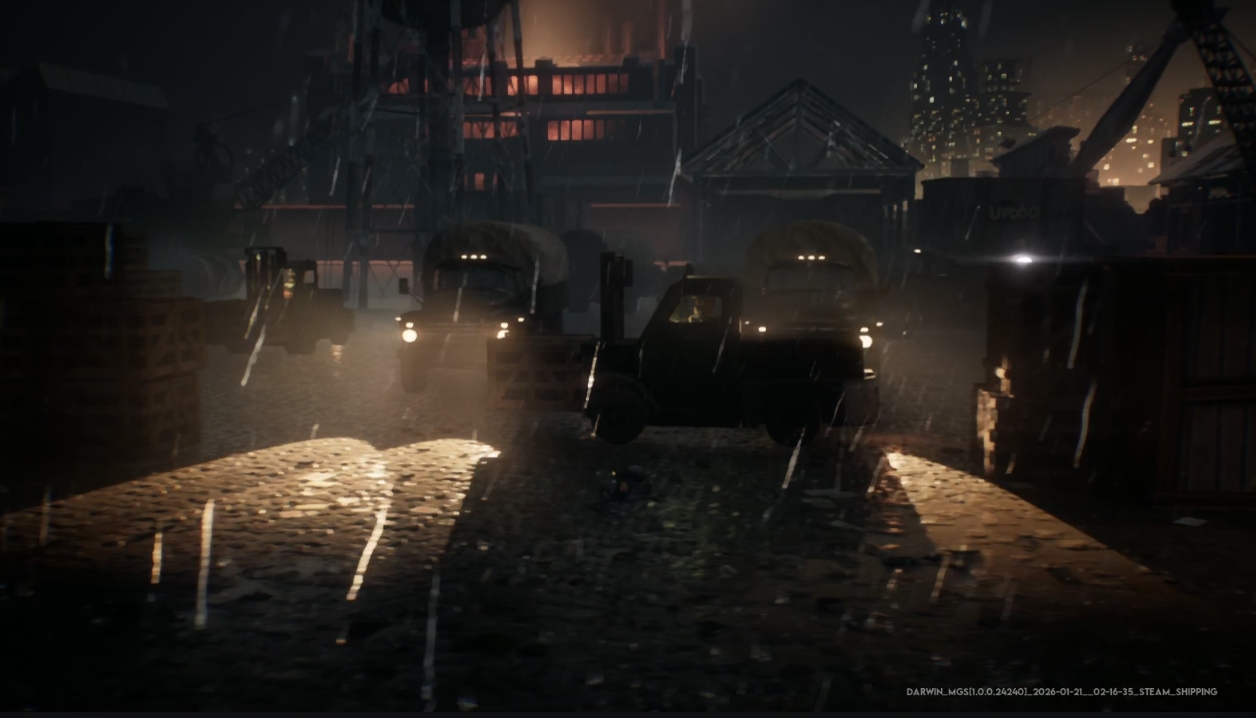 トラックの影を利用しライトを避けて進んでいく