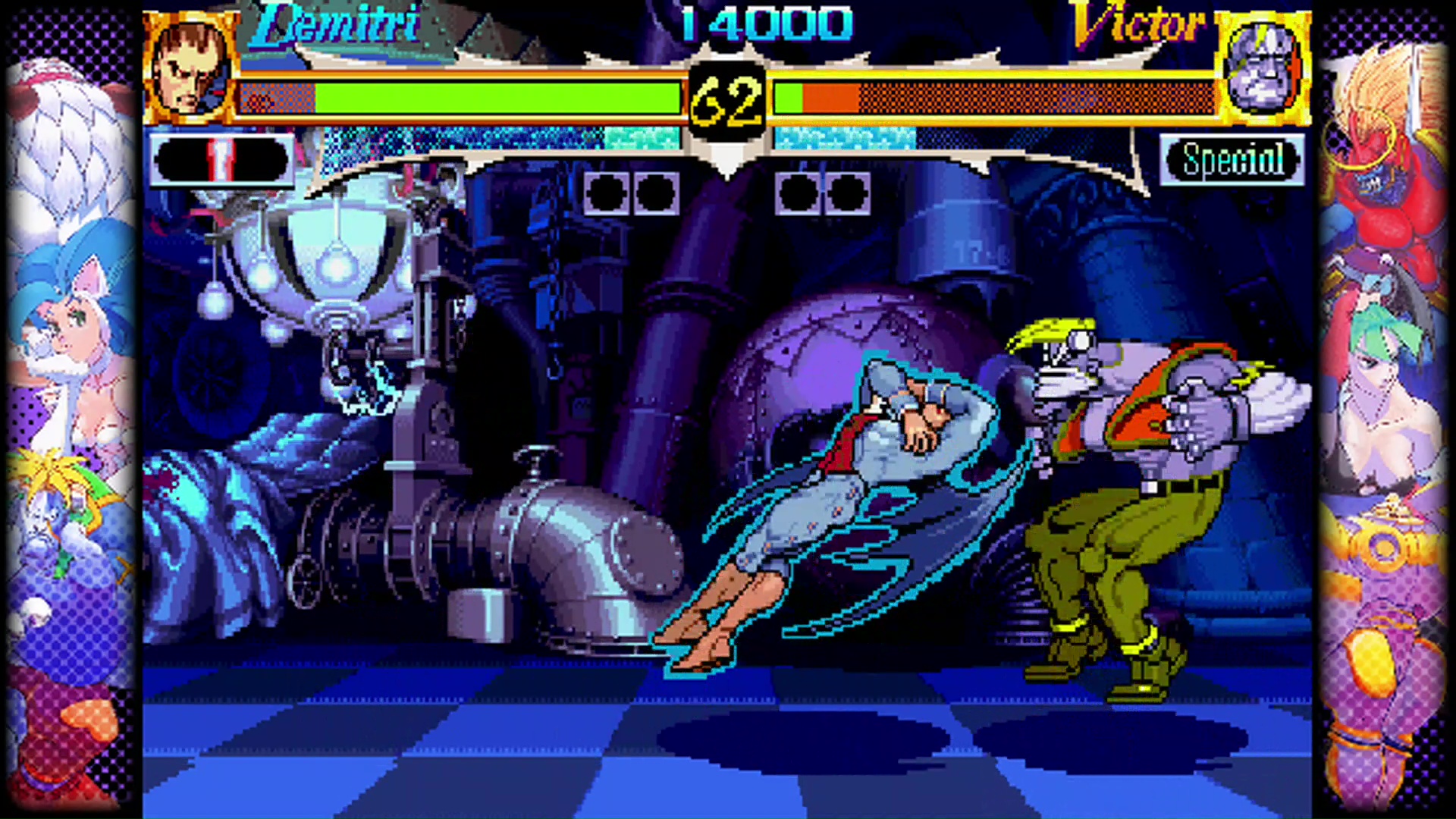 こちらがデミトリのデモンクレイドルとバットスピン。見た目だけでなく技名も酷似している。画面はSteam版「カプコン ファイティング コレクション」収録の「ヴァンパイア ハンター」