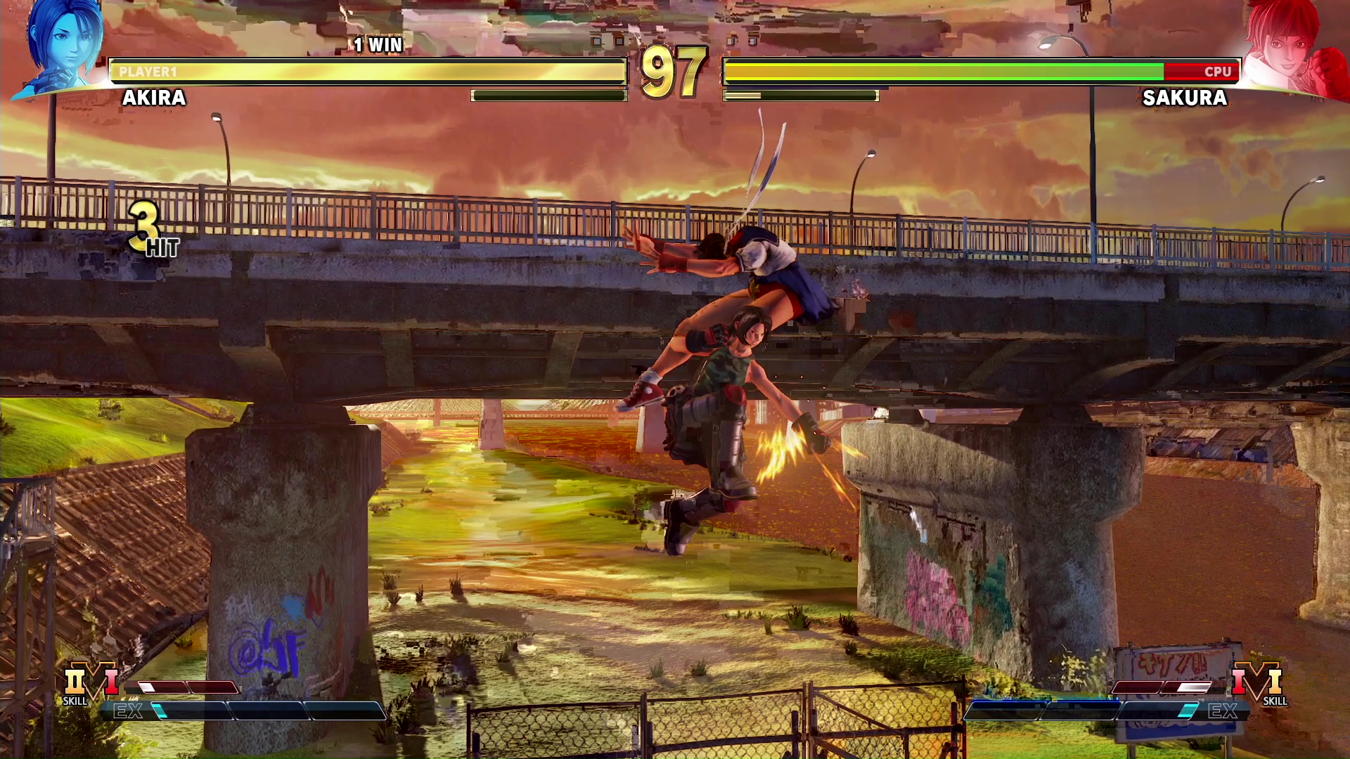 「ジャスティス学園」のシステムをしっかり踏襲しており、相手を高く浮かせ、「ストリートファイター」シリーズではありえないような跳躍で空中の相手に追撃するエアバーストが可能