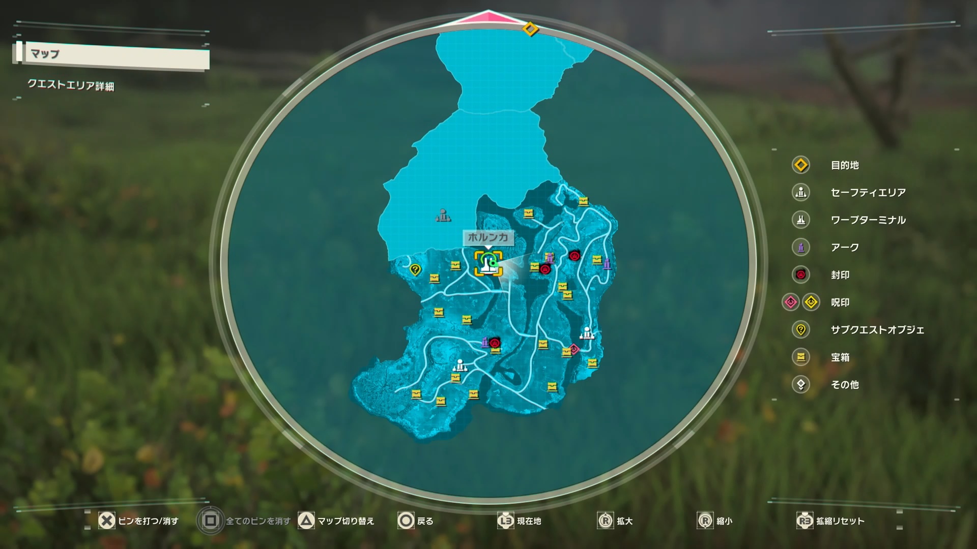 マップ画面では、移動する目印として×ボタンでマーカーを設置することができた。これを置くことで、フィールドを移動しているときでも目的地がわかるようになっている。