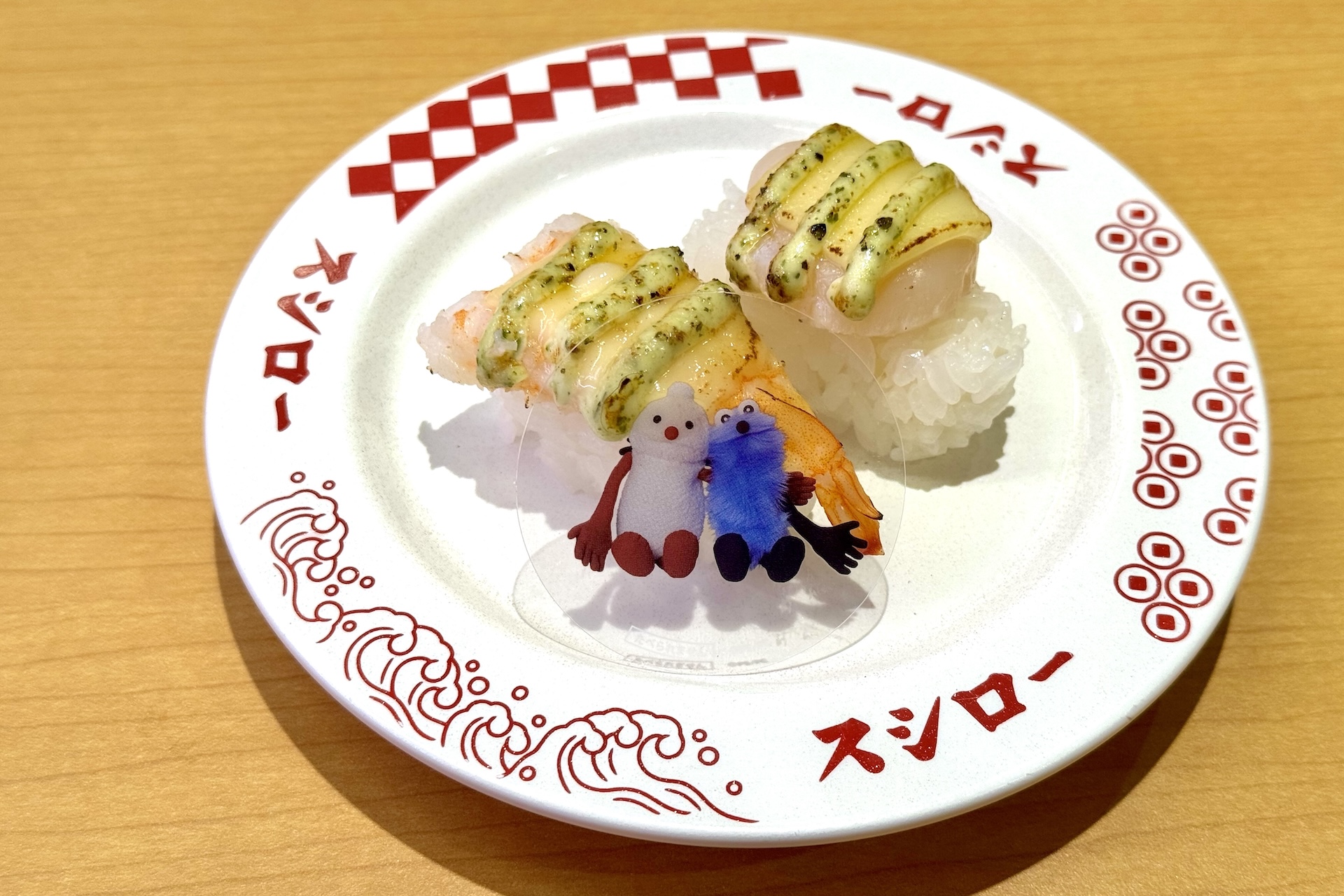 パペットスンスンコラボ限定クリアピック付き えびと蒸し帆立のバジルマヨチーズ炙り 価格：250円〜