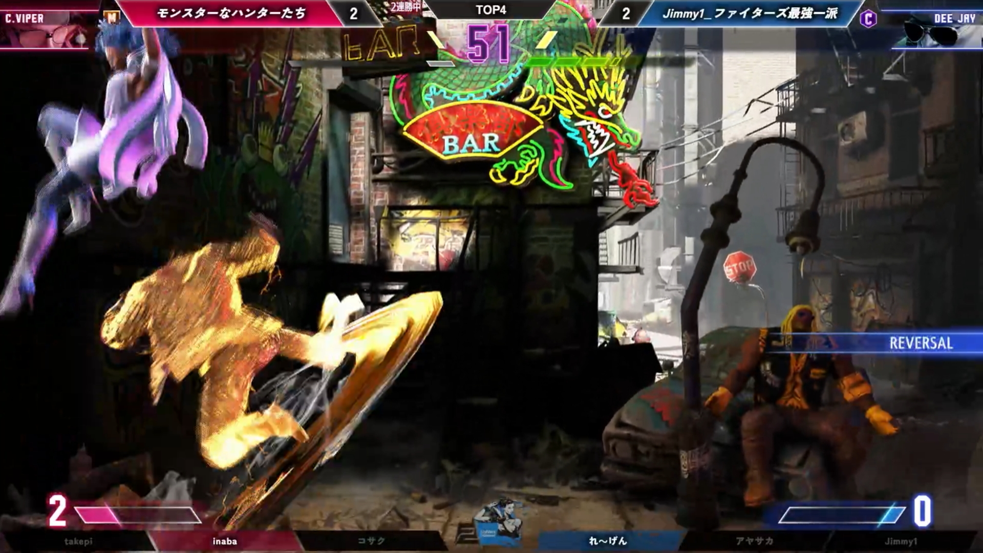 Jimmy1のテリーが好調で2連勝となったが、その後さらに好調の稲葉のモダンヴァイパーが登場してこちらも2連勝で追いついた。大将同士の対決では、れ～げんのDeeJayの無敵技を読んでのジャンプが功を奏してそのままリーサルに繋げるなど、稲葉のモダンヴァイパーが無敗の11連勝で決勝進出を決めた