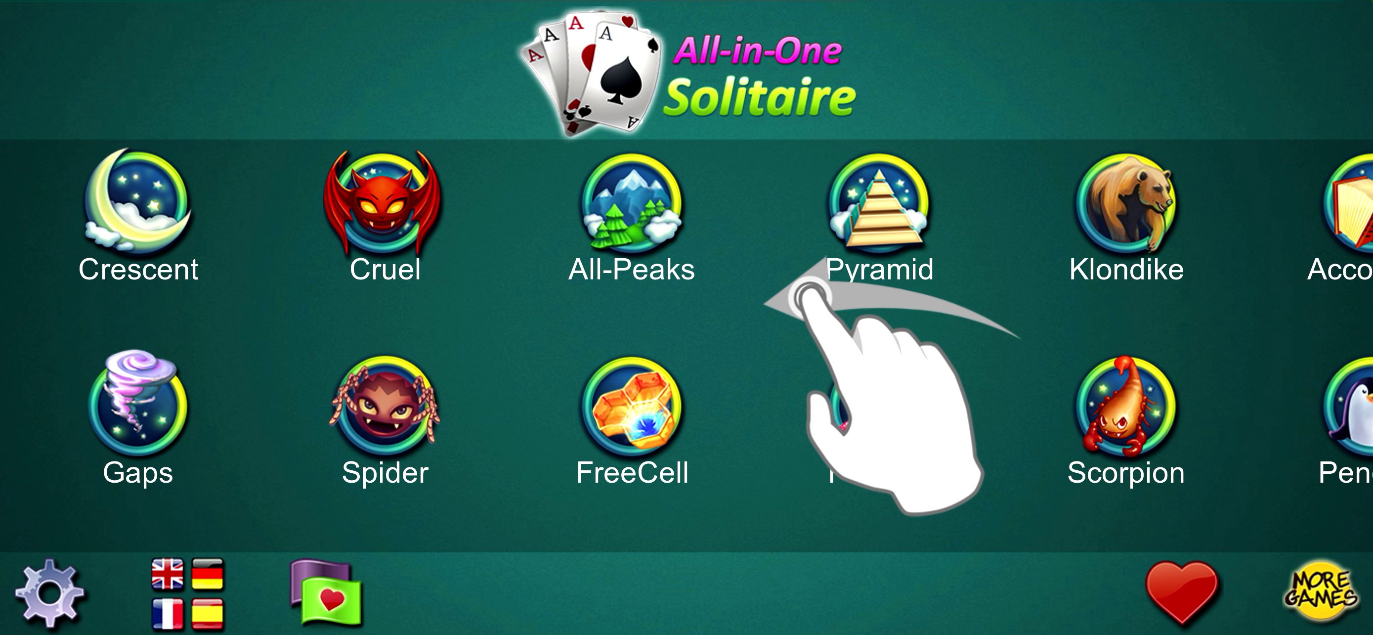 かなり広いジャンルのソリティアが楽しめる。新しいソリティアのルールが開拓できる