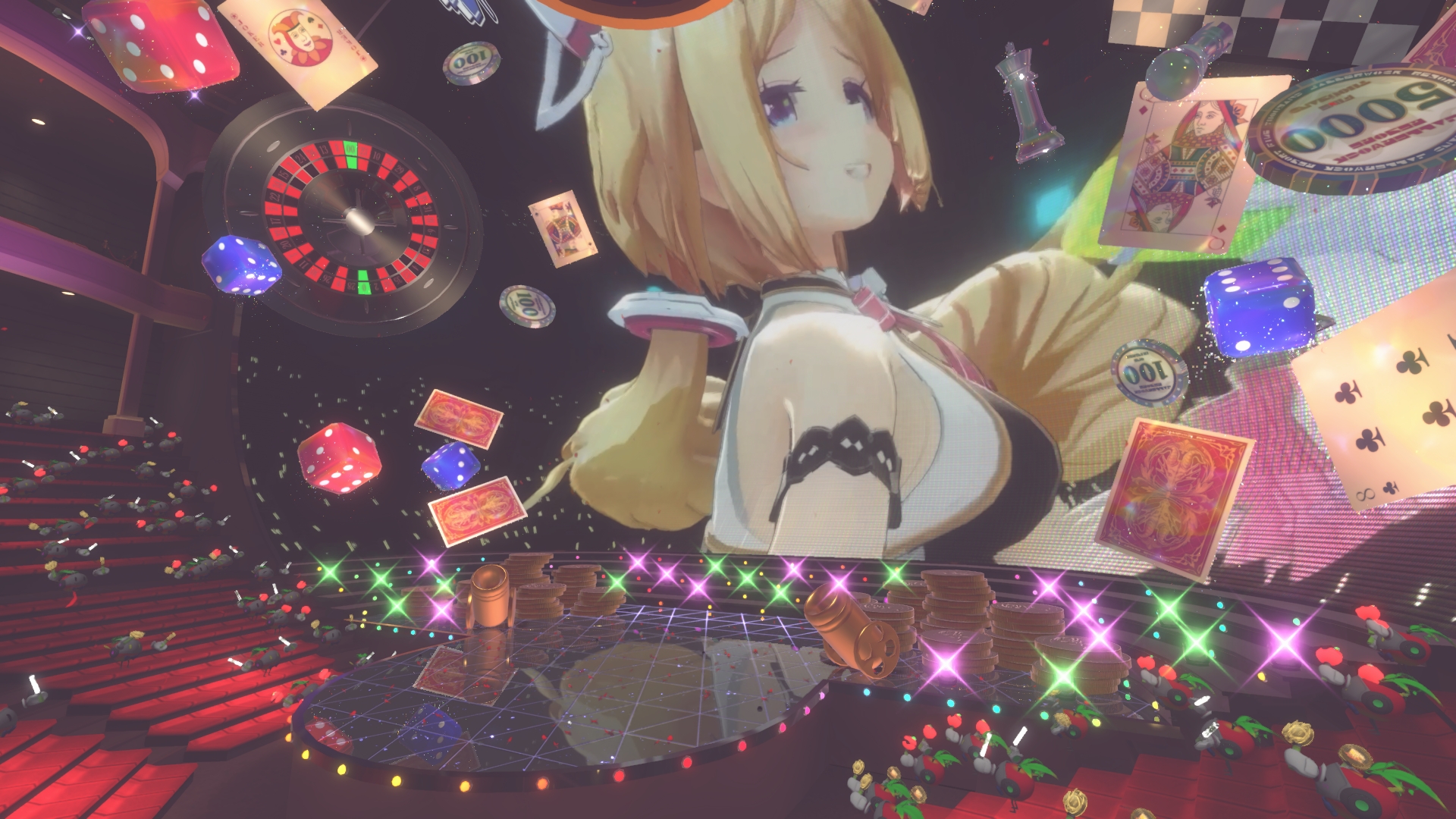 劇場は2階構成となっている。1階奥中央に薔薇の花びらが散りばめられたステージが位置しているが、その奥の特大ドーム型スクリーンの迫力もすごい