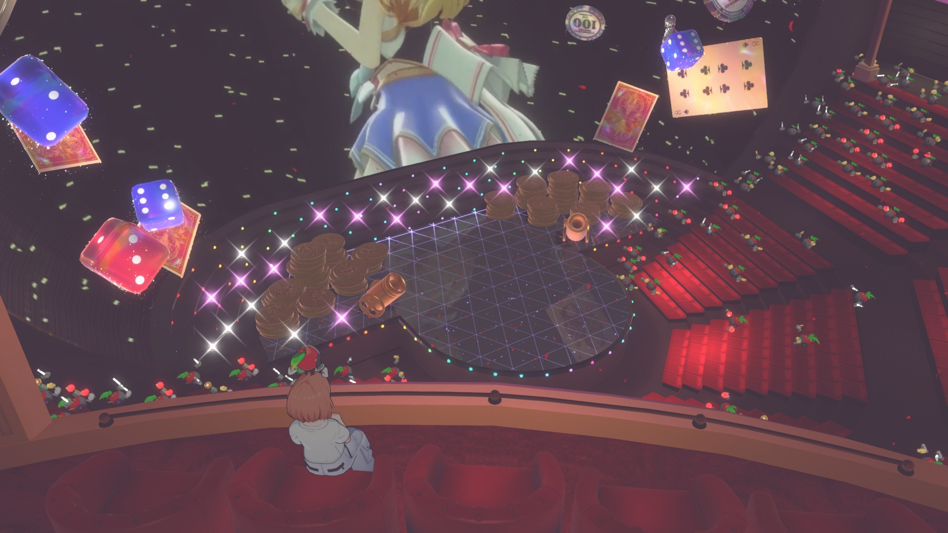 劇場は2階構成となっている。1階奥中央に薔薇の花びらが散りばめられたステージが位置しているが、その奥の特大ドーム型スクリーンの迫力もすごい