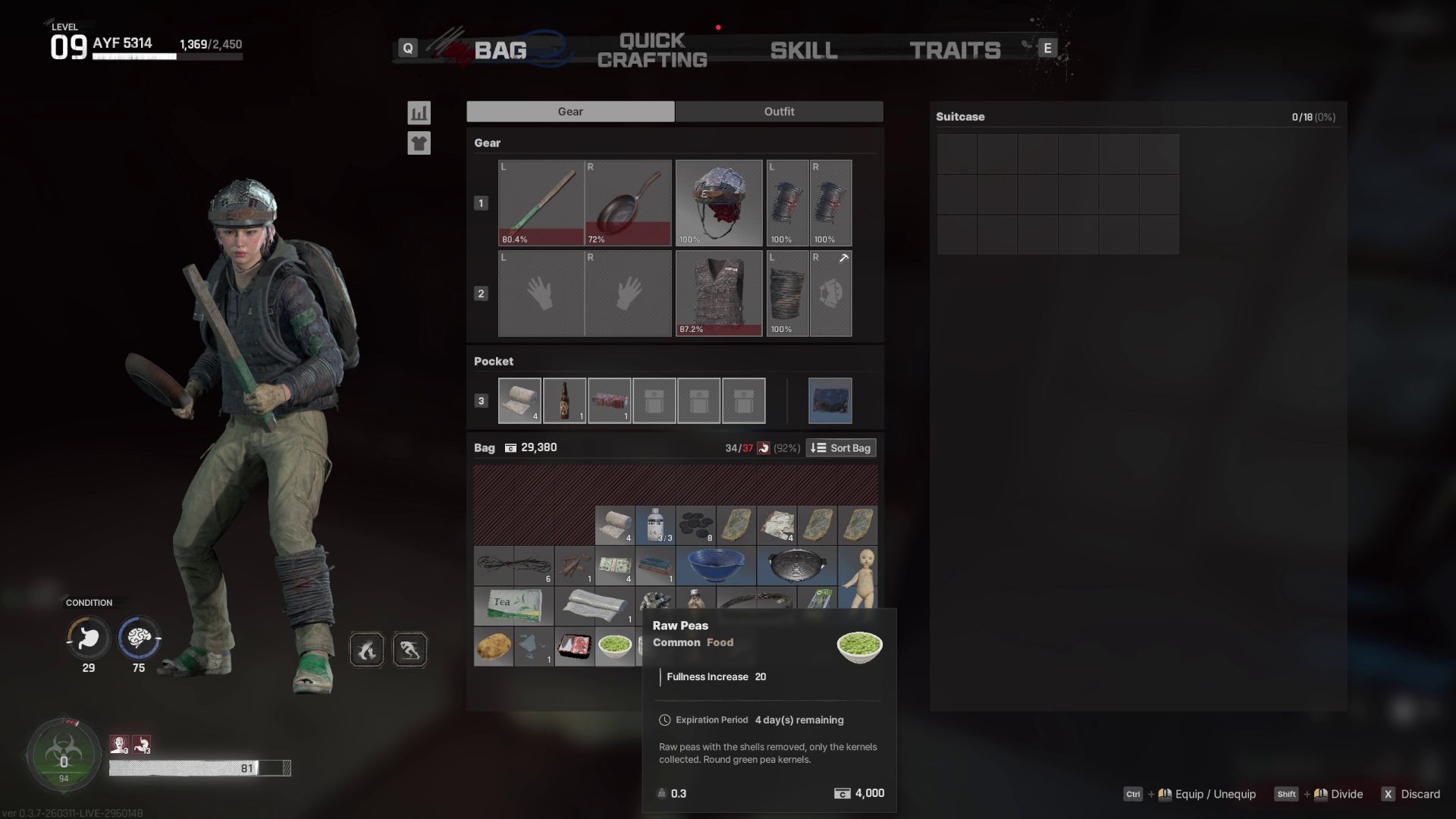 空腹になると持てるアイテムが少なくなる。シェルターで調理が可能なので、食材を持ち帰ってきて調理したいところだ