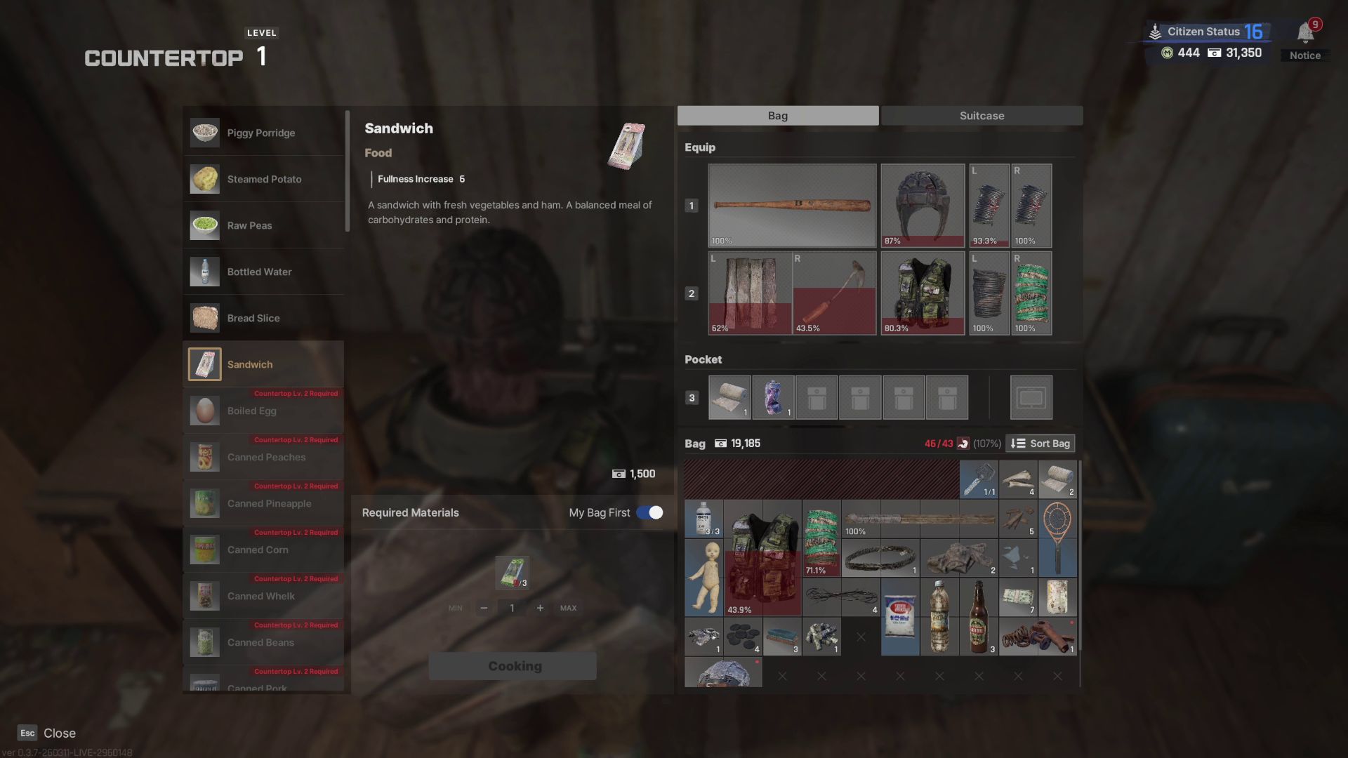 空腹になると持てるアイテムが少なくなる。シェルターで調理が可能なので、食材を持ち帰ってきて調理したいところだ