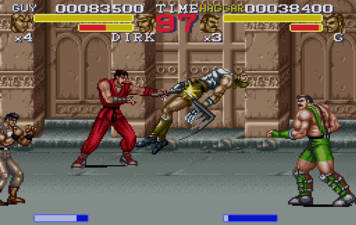 格闘ゲームの登場で下火になっていたベルトスクロールアクションもリリースし続けていた。画面は「ファイナルファイト タフ」