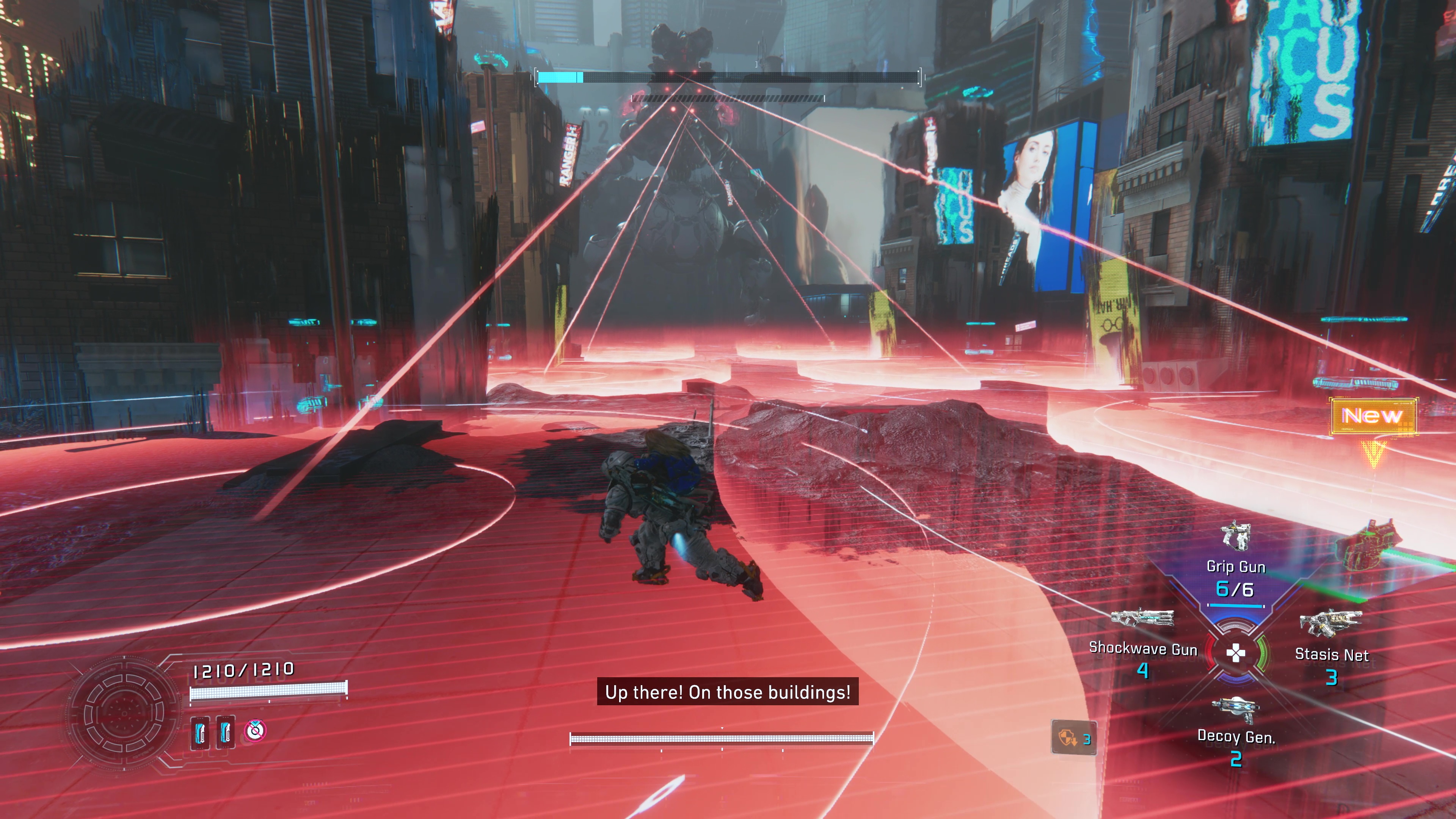 建物の上に退避して全範囲攻撃を回避。くらったらひとたまりもないだろう