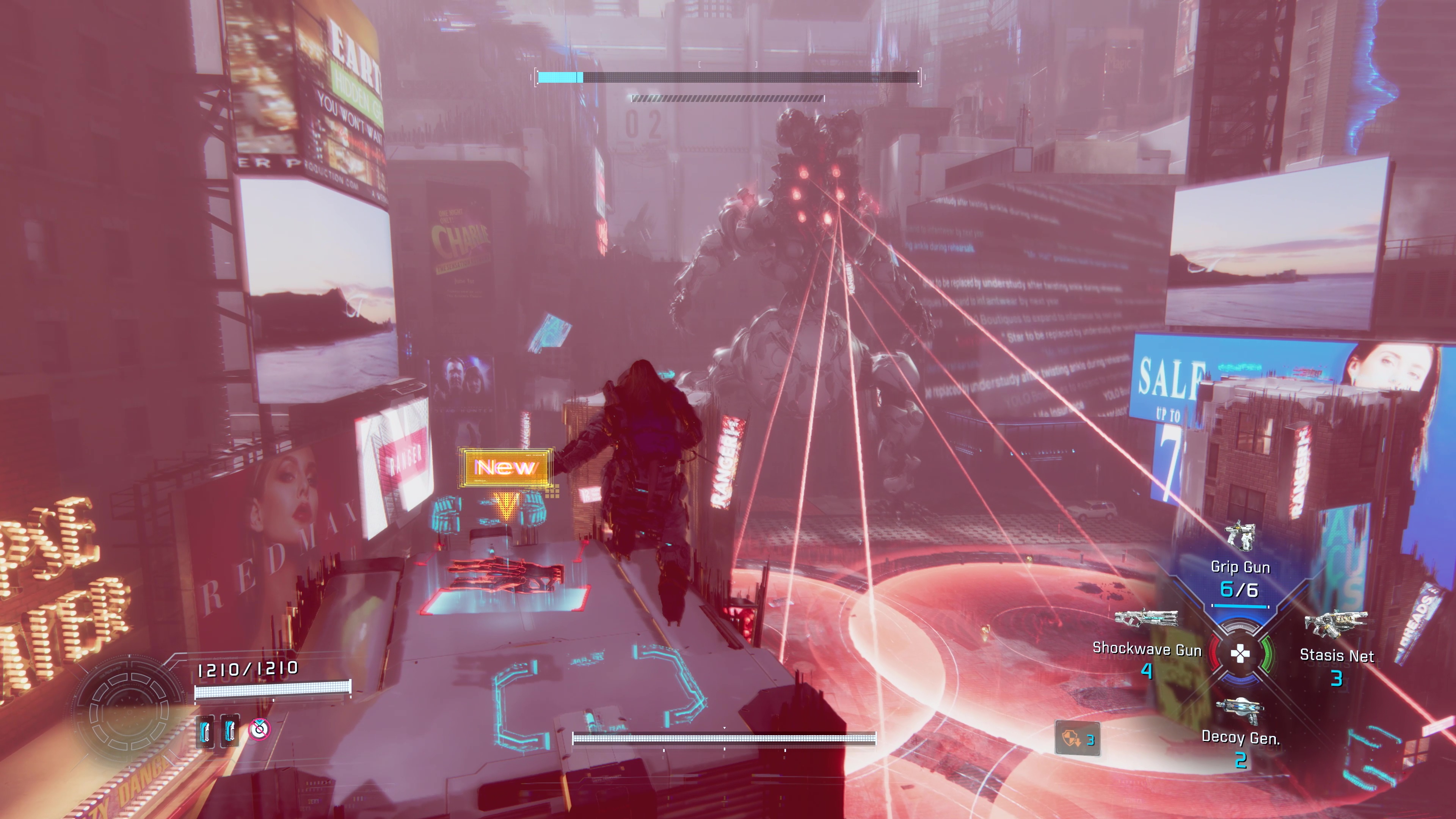 建物の上に退避して全範囲攻撃を回避。くらったらひとたまりもないだろう