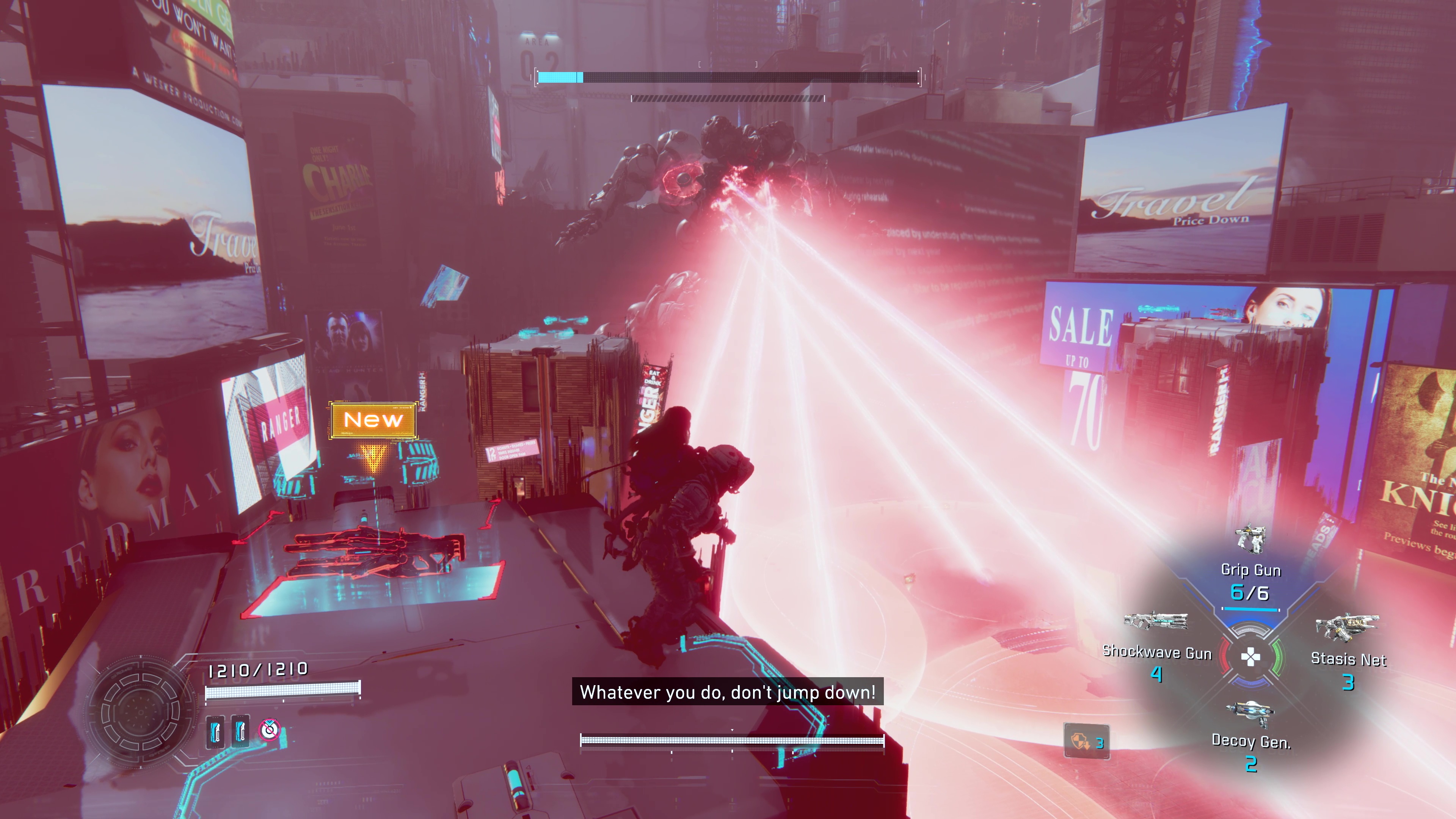 建物の上に退避して全範囲攻撃を回避。くらったらひとたまりもないだろう