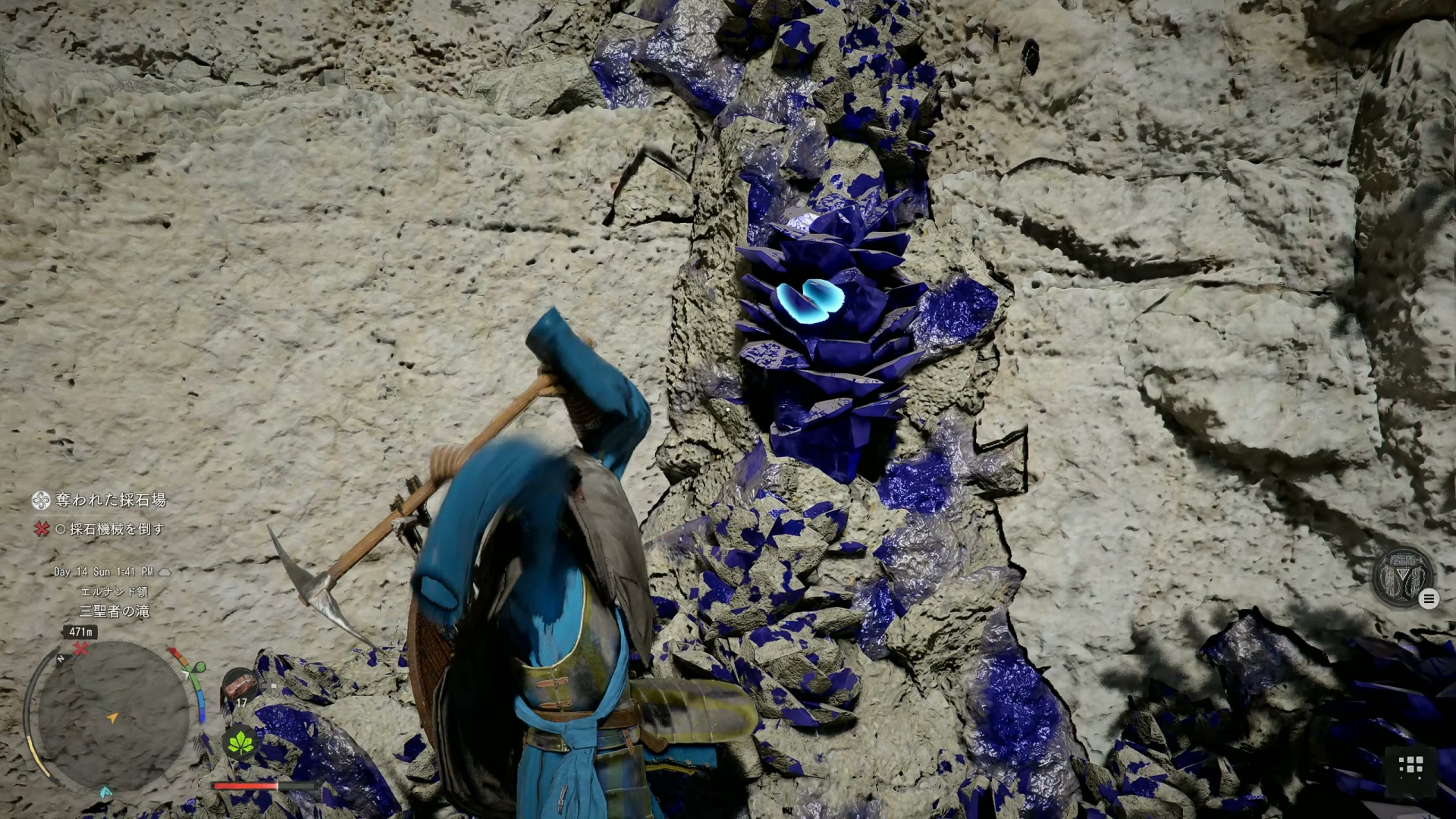 つるはしや斧などを使って、装備の強化に必要な素材を回収