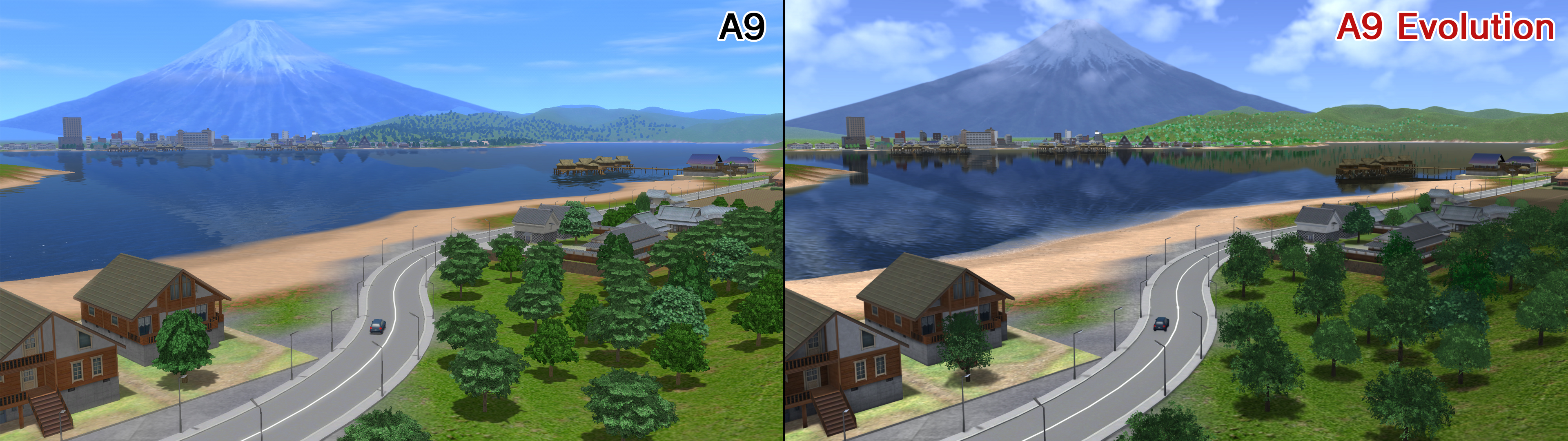 PC版とNintendo Switch 2版の比較。遠景と樹木の解像度が上がり、水面の反射が美しく、撮り鉄が好む「水鏡」も期待できそうだ