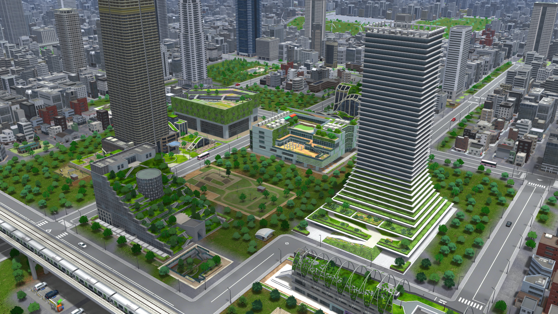 こちらは「A列車で行こう9 Evolution」で初搭載された緑化建物群。環境に優しい景色だけど、設置しすぎると人類が滅亡し荒廃した世界で植物が繁茂した様子になりそう
