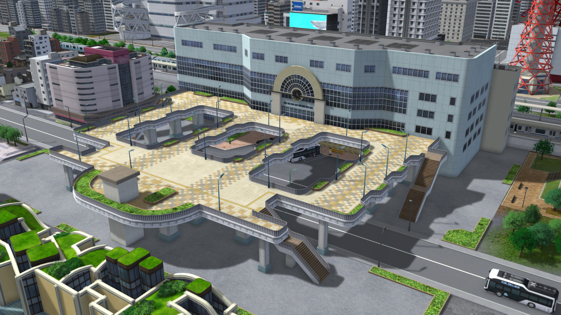 鉄道ファンには嬉しい「ペデストリアンデッキ付き駅舎」も初登場。プラットホームとバスターミナルが一体となっている