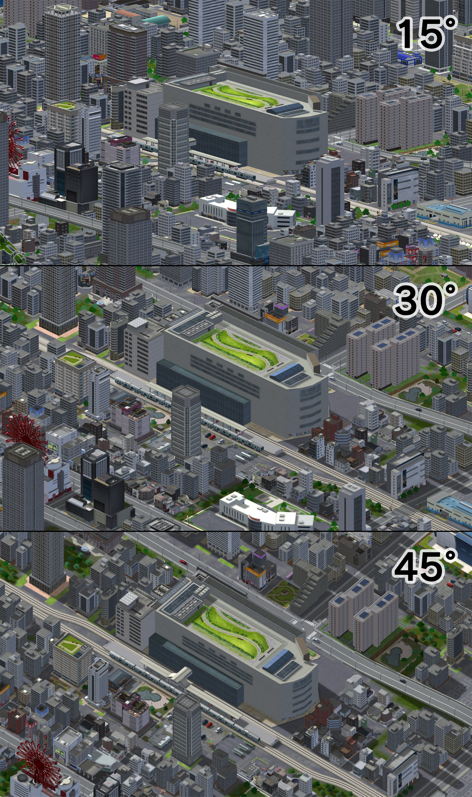 「A列車で行こう3」で世界を驚かせた「クォータービュー視点」に固定可能。後に「シムシティ」などに採用されるなど、箱庭ゲームのクリエイターに影響を与えた画角だ。ただし、当時は45度だと「建物の向きが同じで重なりがわかりにくい」という声もあり、「A列車で行こう7」以降は角度が変更された。「A列車で行こう9 Evolution」は15度単位で画角を変更できる。「A列車で行こう」シリーズの歴史を反映した機能だ