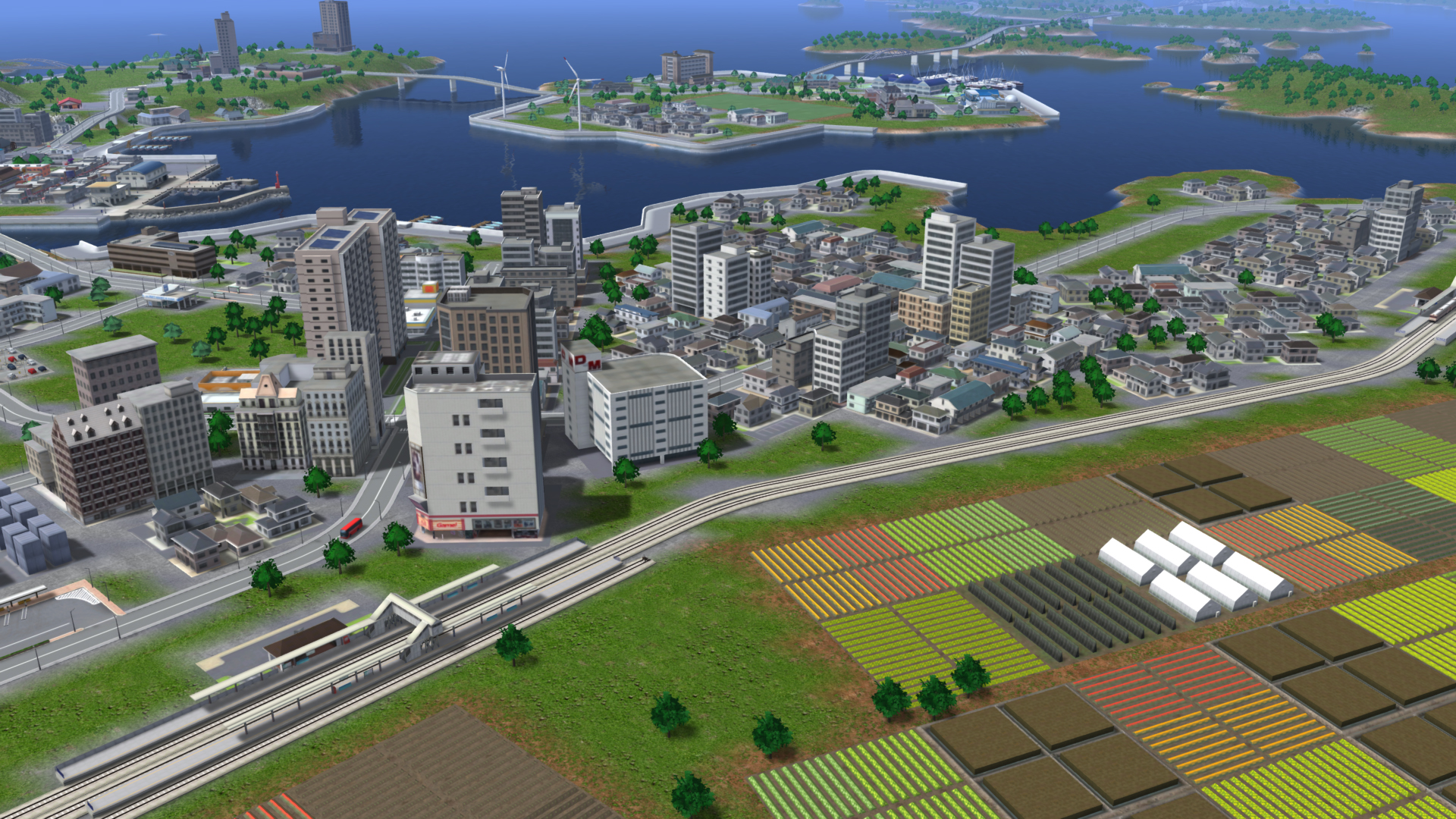 駅舎側が発展し、線路の反対側は農地が残る。リアルな都市発展アルゴリズムで「なんとなく見たことがありそう」な景色が形成される