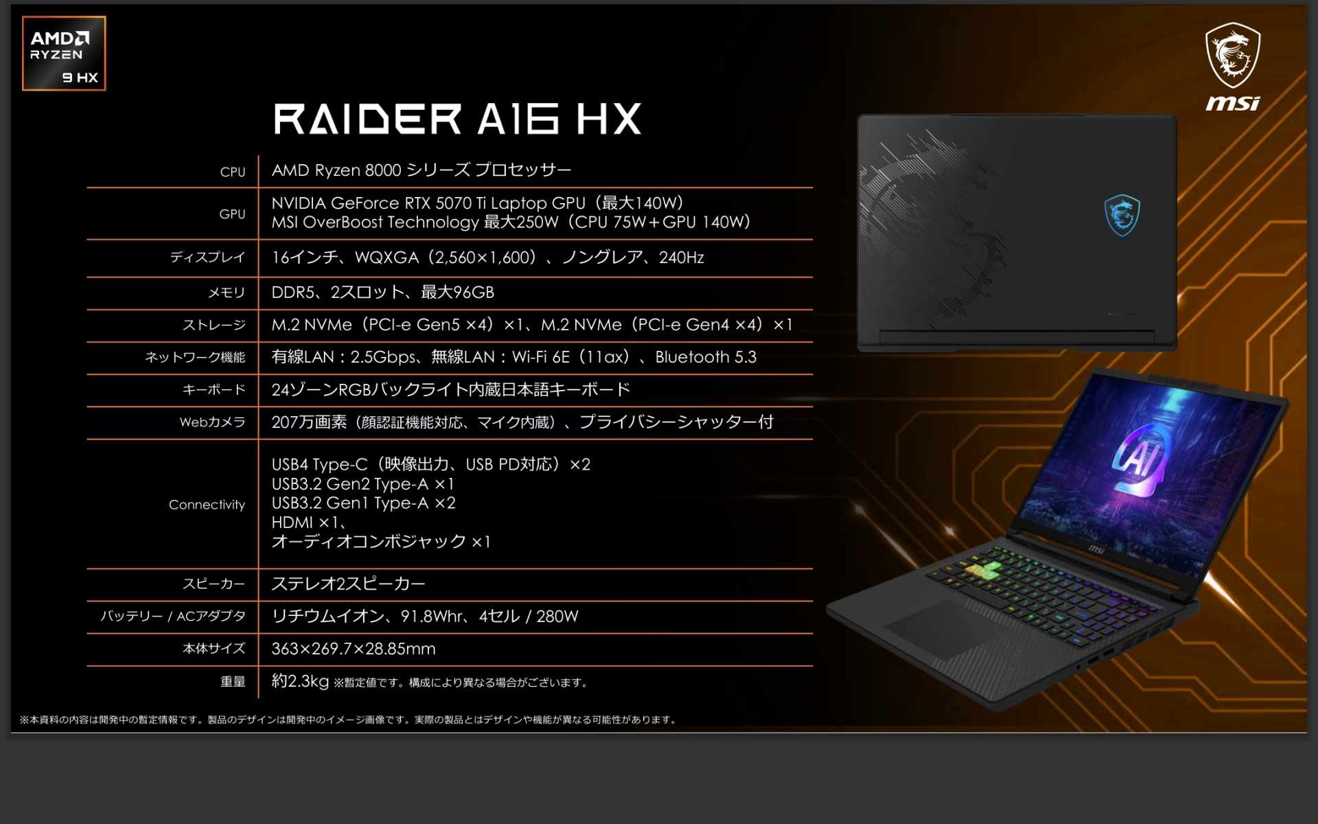 「Raider A16 HX」の主な仕様