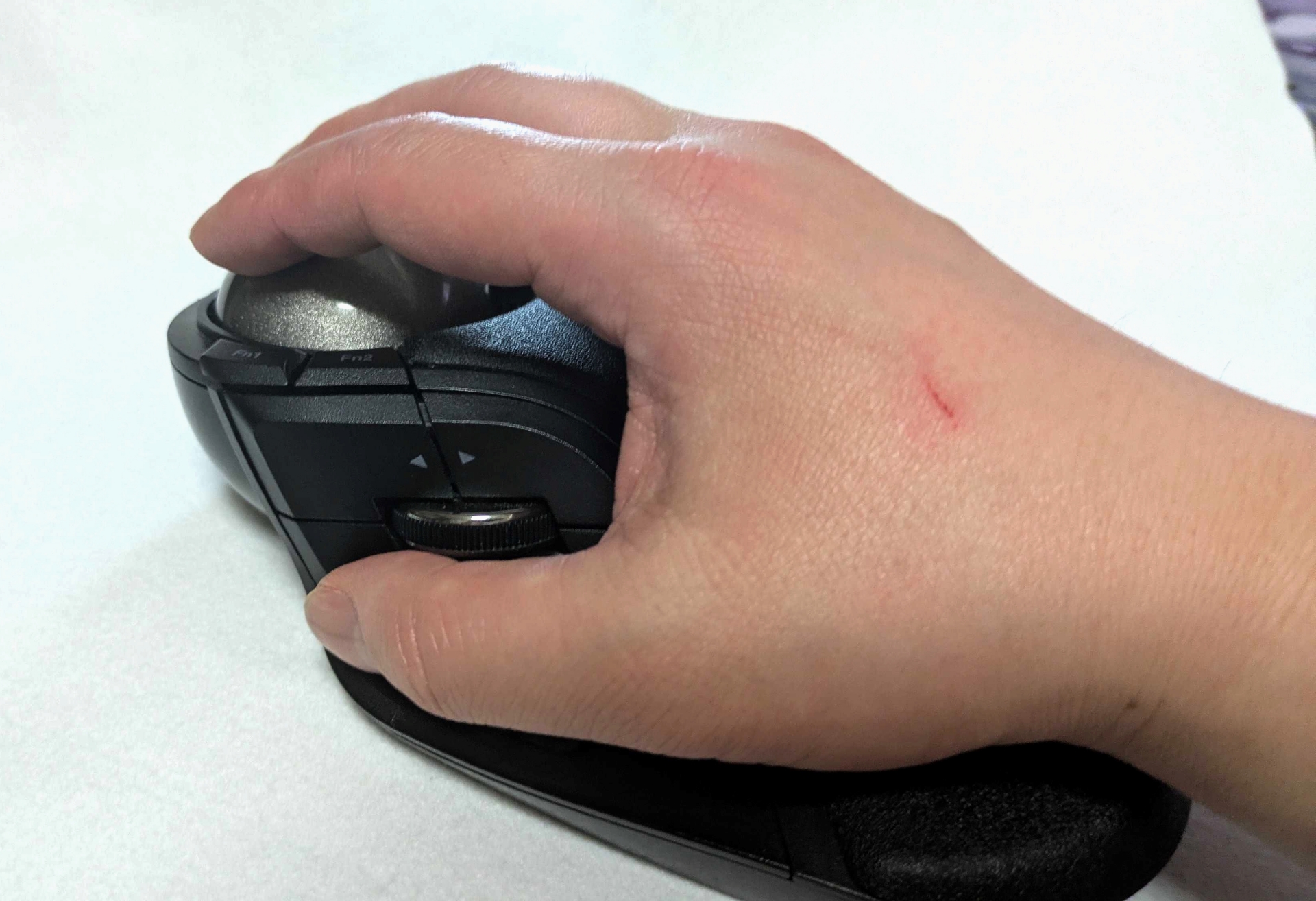 「HUGE PLUS」は何度見ても本体とボールがデカい。このデカさこそが強みであり、手のひらをガッチリと支えるリストレスト、巨大であるがゆえに繊細な操作が可能なボール、そして「HUGE PLUS」ならではのベアリング機構による操作の軽さは極上である