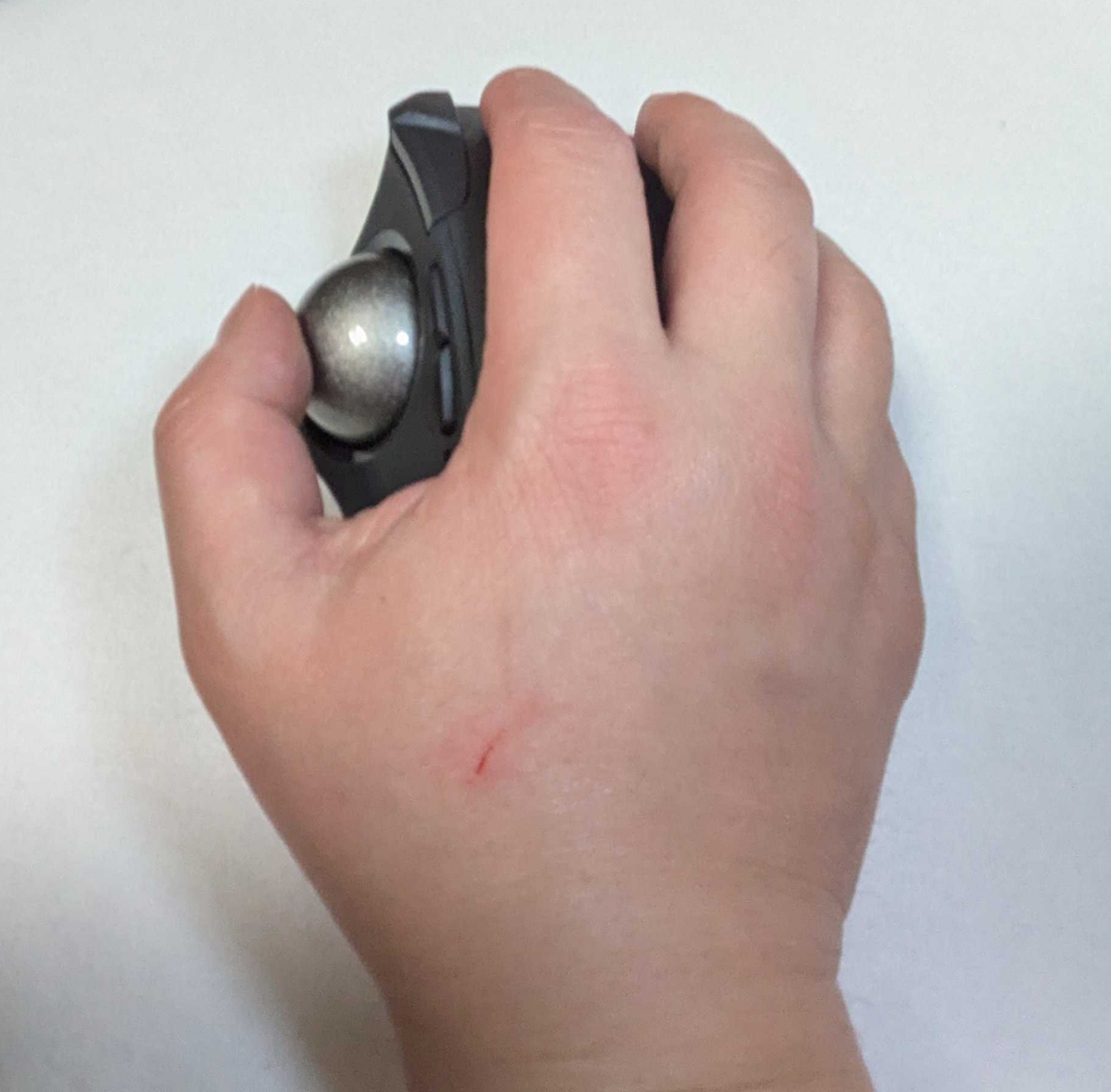 親指操作タイプの「IST PRO」。ボールが本体左側に埋め込まれており、親指を除く指の配置はマウスに似ている