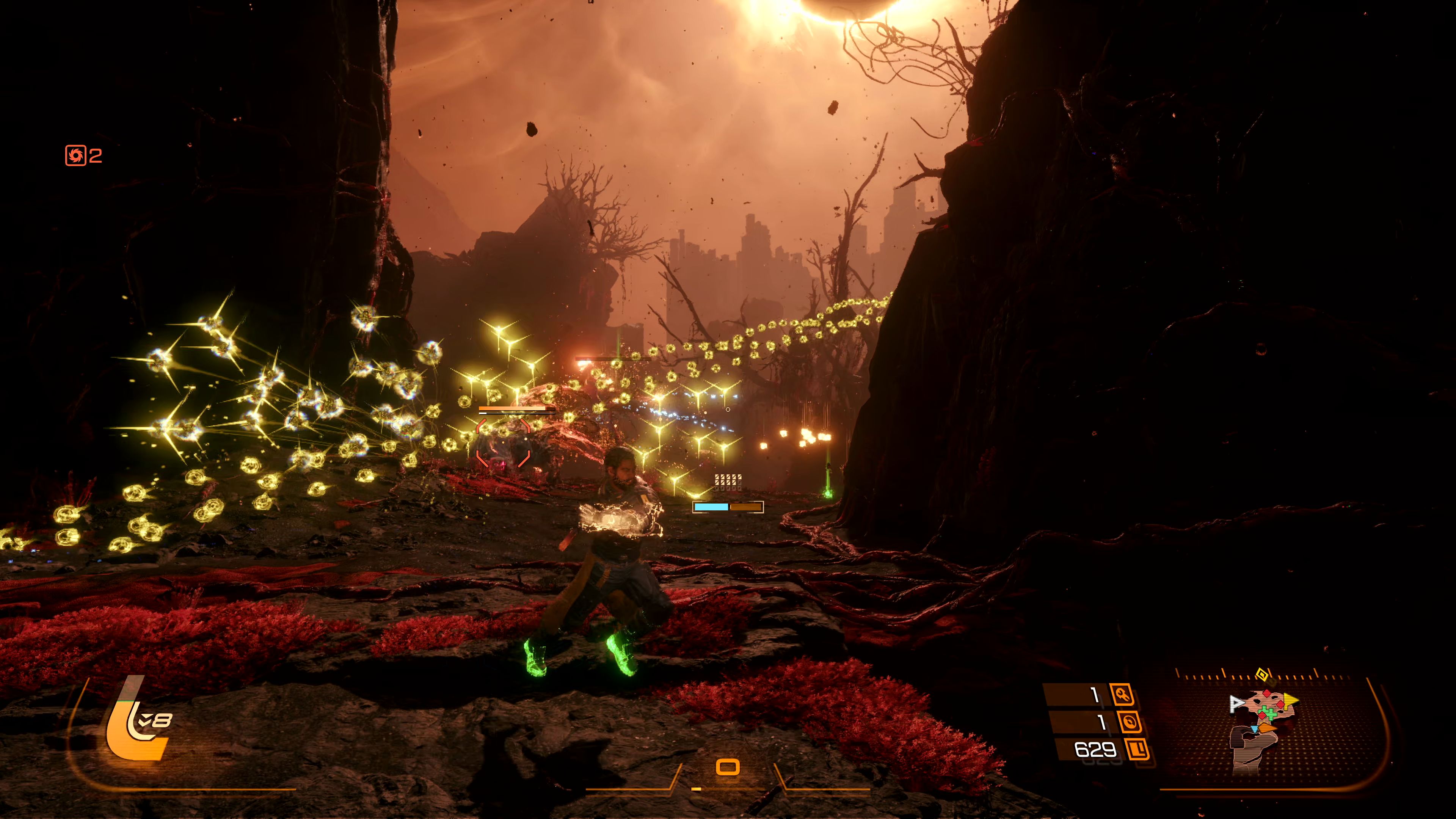 「日蝕」になると黄色い弾幕も飛んでくる。この弾幕を受けると最大HPが下がるので非常に厄介だ