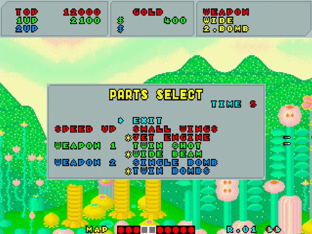 購入したジェットエンジン、ワイドショット、ツイン（2連射）ボムを装備し、オパオパが一気にパワーアップ！