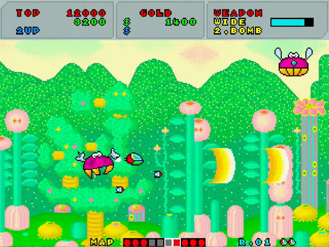 購入したジェットエンジン、ワイドショット、ツイン（2連射）ボムを装備し、オパオパが一気にパワーアップ！