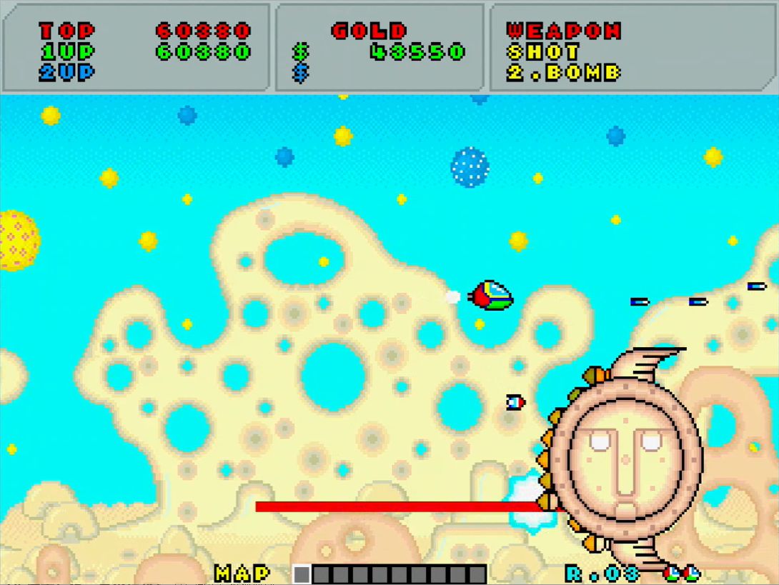 ステージ3のボス、コバビーチは砲台から高速レーザーを次々と放つ