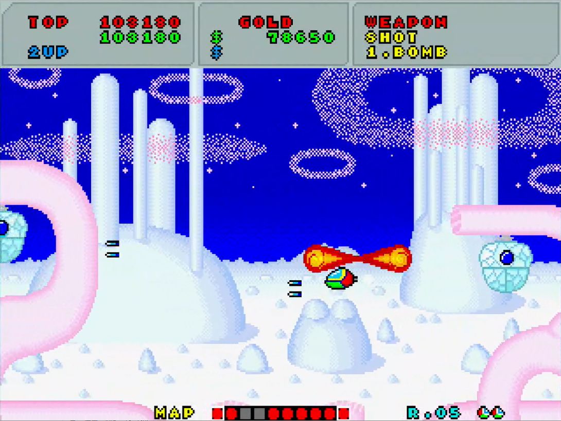 ステージ5では、ファイヤーボムを利用して左右の基地を2機まとめて倒すことが可能