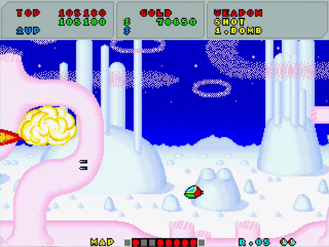 ステージ5では、ファイヤーボムを利用して左右の基地を2機まとめて倒すことが可能