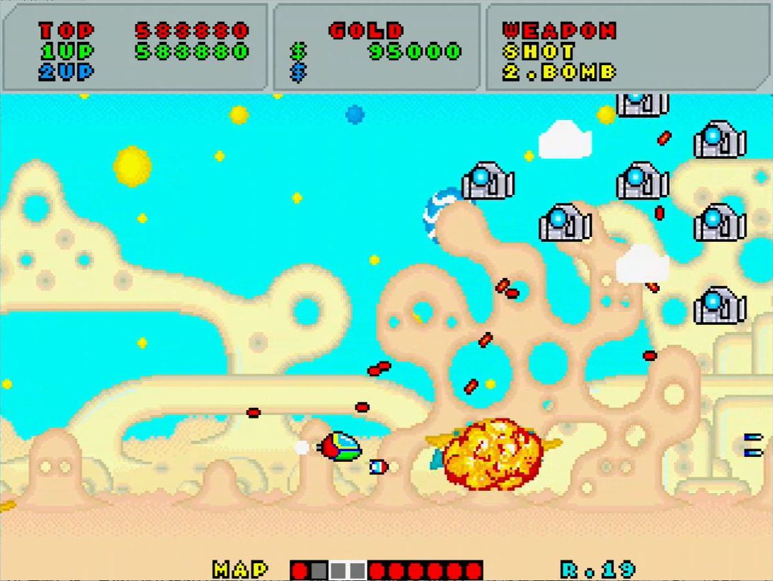 こちらは3周目のステージ3。ザコ敵も高速の赤色の弾を大量に撃ってくる