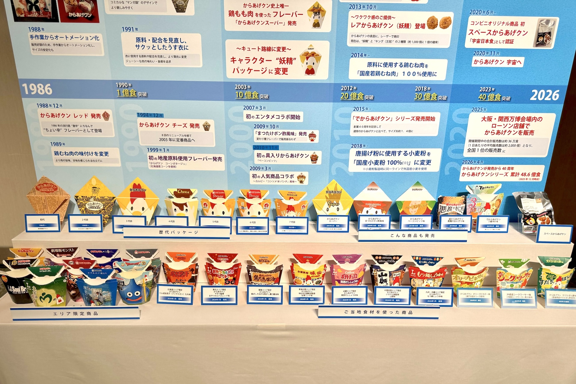 会場では歴代「からあげクン」フレーバーがずらり展示