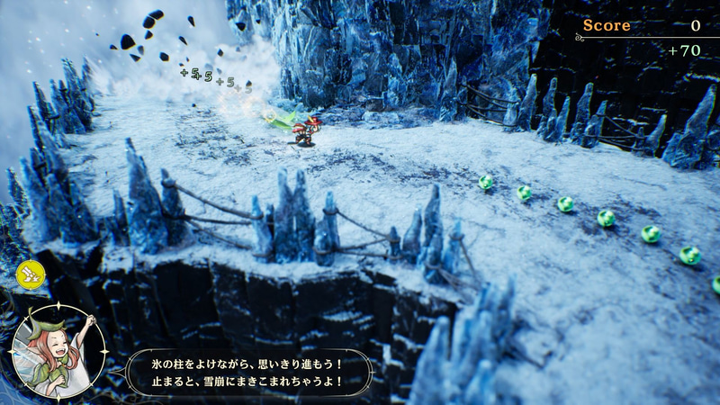 「シッソー」の魔法で雪の坂道を駆け抜けて道中のスコアを集めるミニゲーム。雪崩に巻き込まれる前にゴールできれば追加のスコアがもらえる