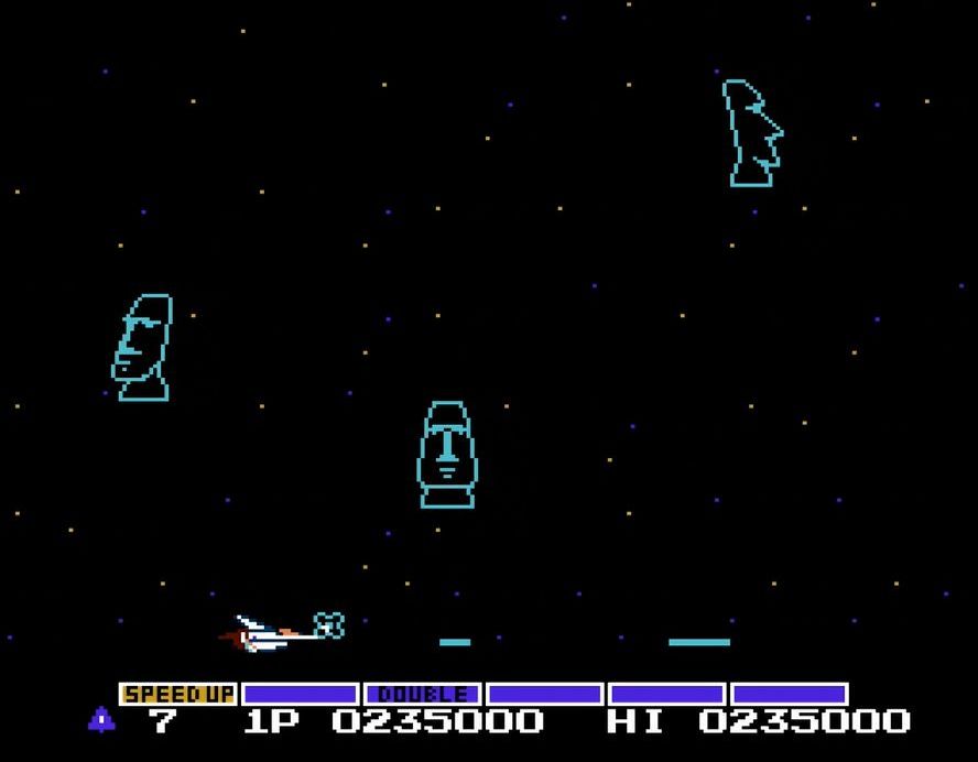 ステージ1〜3でワープする条件を満たすと、ステージクリア後に回転モアイが次々に出現し、その後2ステージ先へと進む