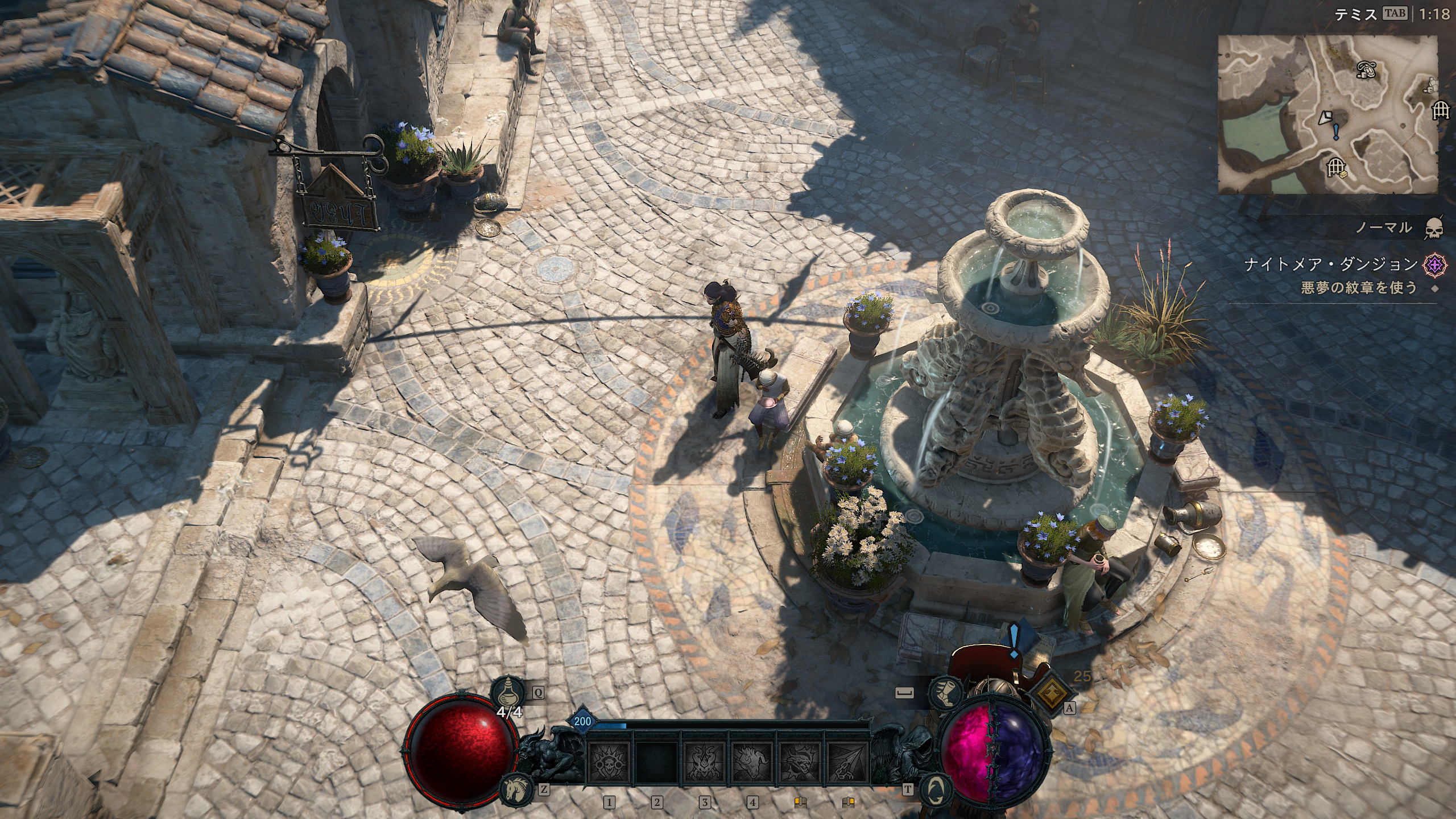 噴水の周りにはくつろぐ人たち。「ディアブロ IV」にこんな平和な風景があるとは