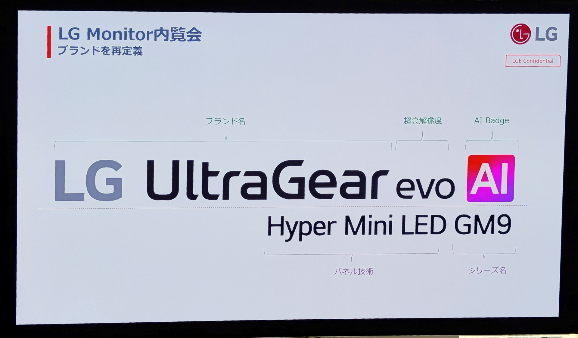 新たなLGモニターのブランドについての説明では「AI」バッジについて解説。このバッジのついた製品については、今回の「AI Boost」機能が全て利用できるとしている
