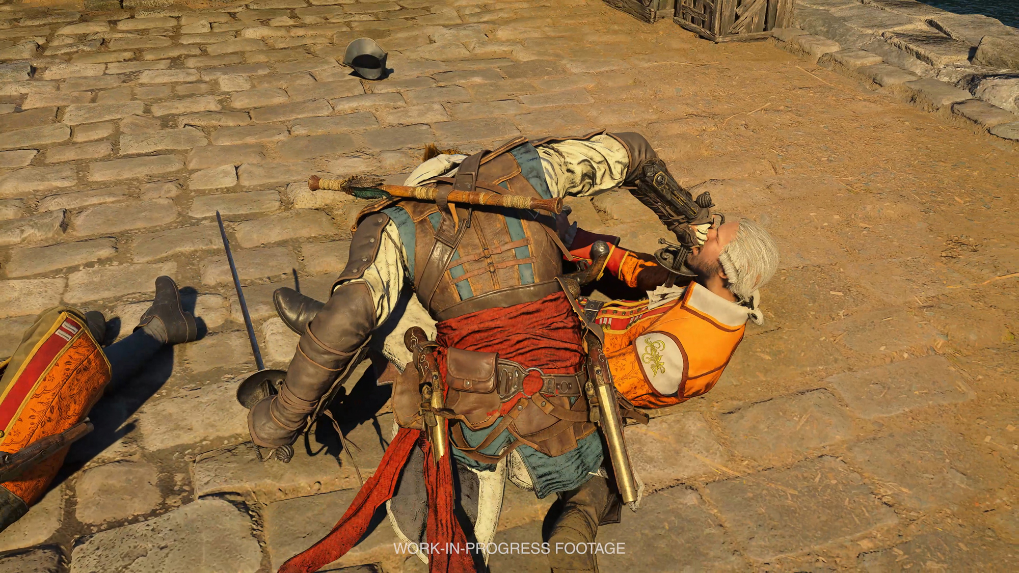 足をひっかけて転倒させた敵にとどめを刺す