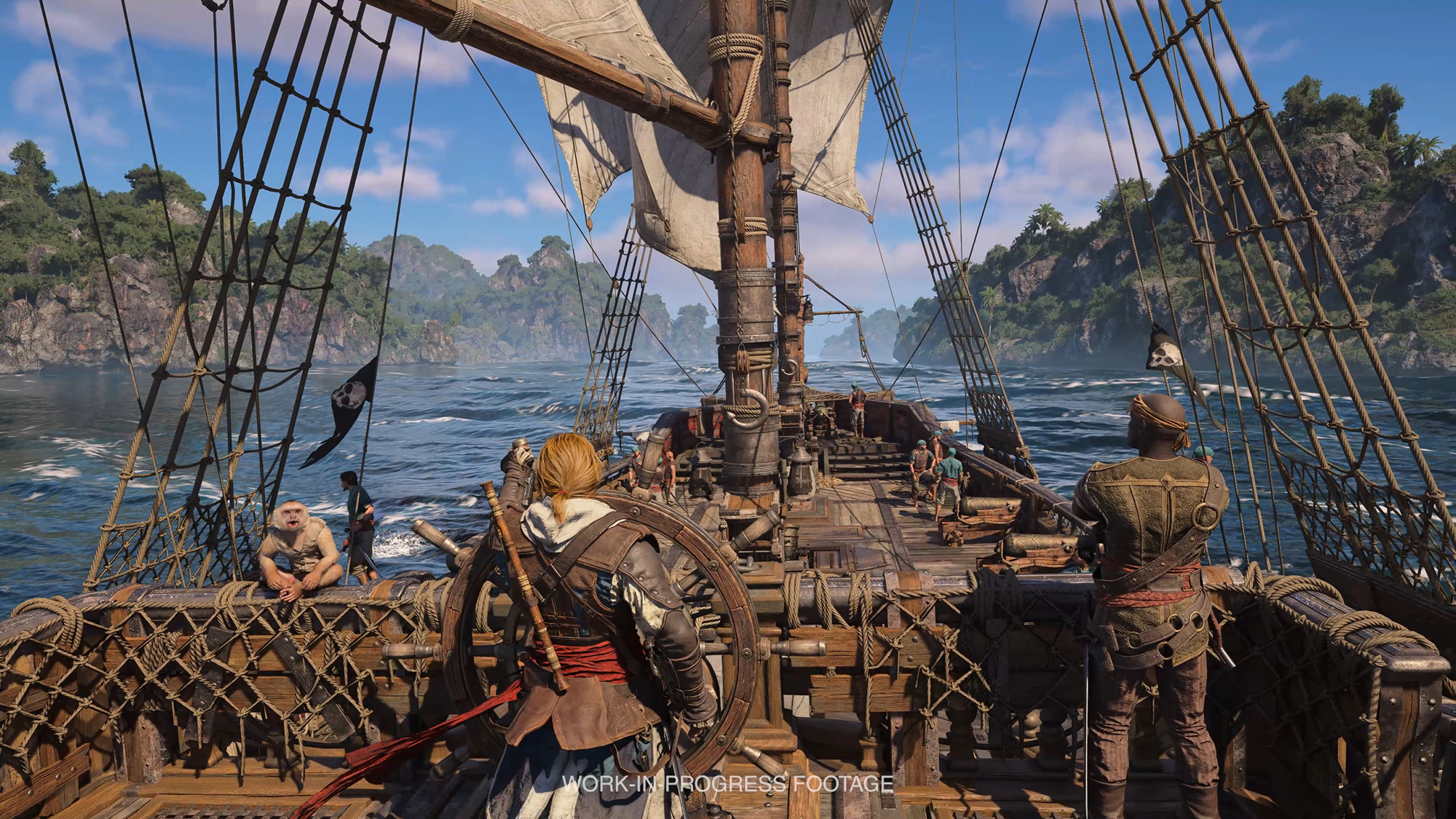 傍らに服を着た子猿を乗せての航海。とてもかわいい