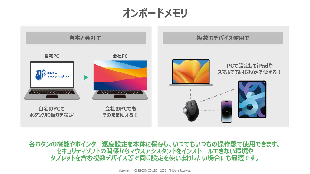 搭載されたオンボードメモリにより、「エレコム マウスアシスタント」で設定した内容をプロファイル3つ分まで本体に保存できる