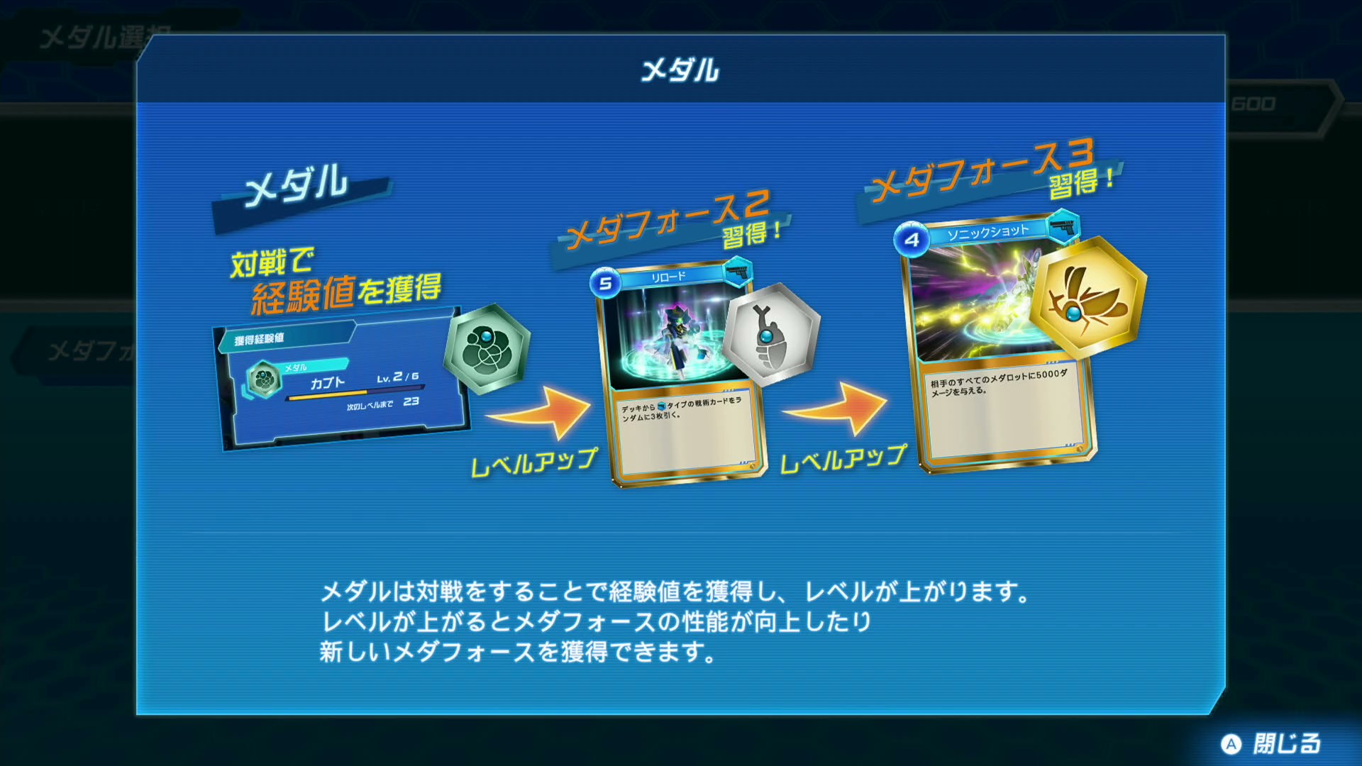 メダルは対戦することで経験値を獲得し、レベルが上がる。レベルが上がるとメダフォースの性能が向上したり、新しいメダフォースを獲得できる