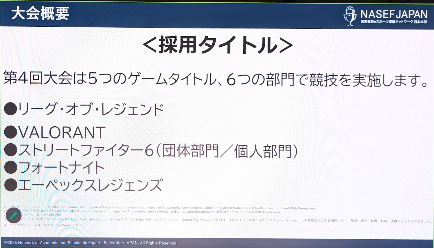 採用されるゲームタイトルは前回と同様「リーグ・オブ・レジェンド」、「Valorant」、「ストリートファイター6」、「フォートナイト」、「Apex Legends」の5タイトル